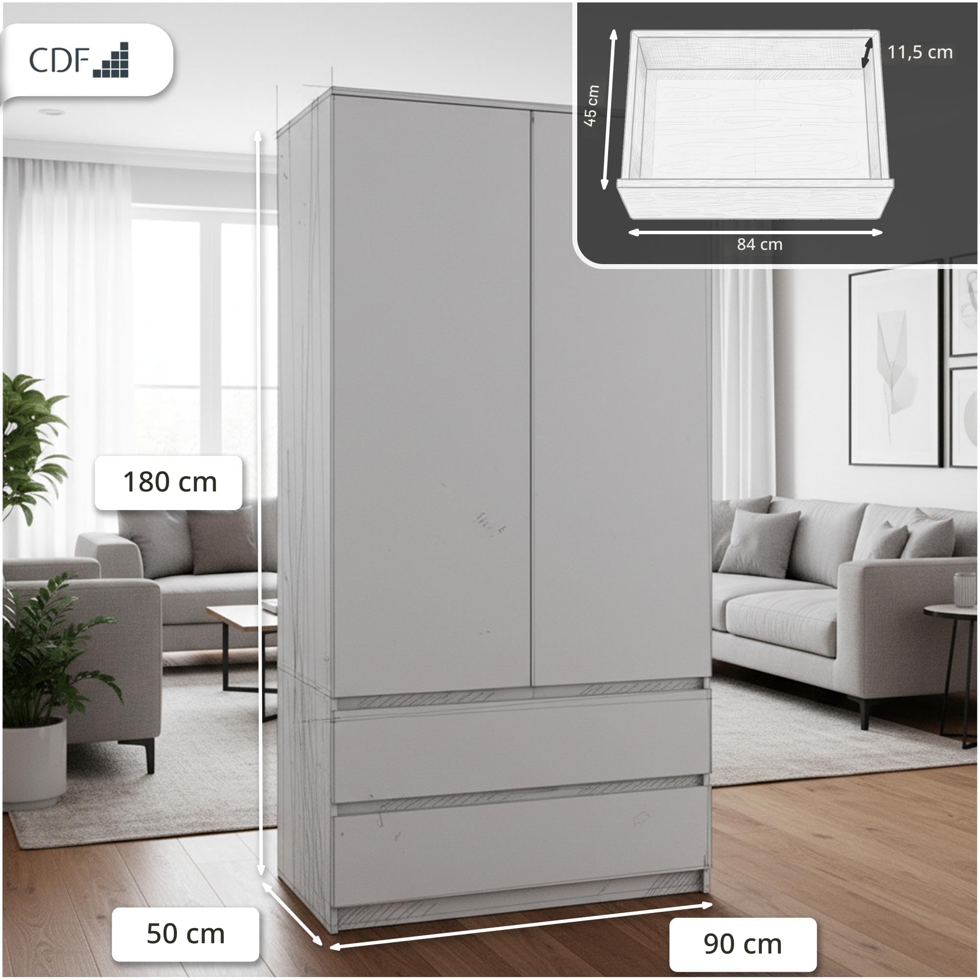 CDF Armoire Chambre 2 Portes 2 Tiroirs avec Etagères, Adult Bedroom Armoire Une Tringle Dressing Placard Multifonction Meuble de Penderie Panneau Stratifié 16mm Largeur 90 cm Blanc