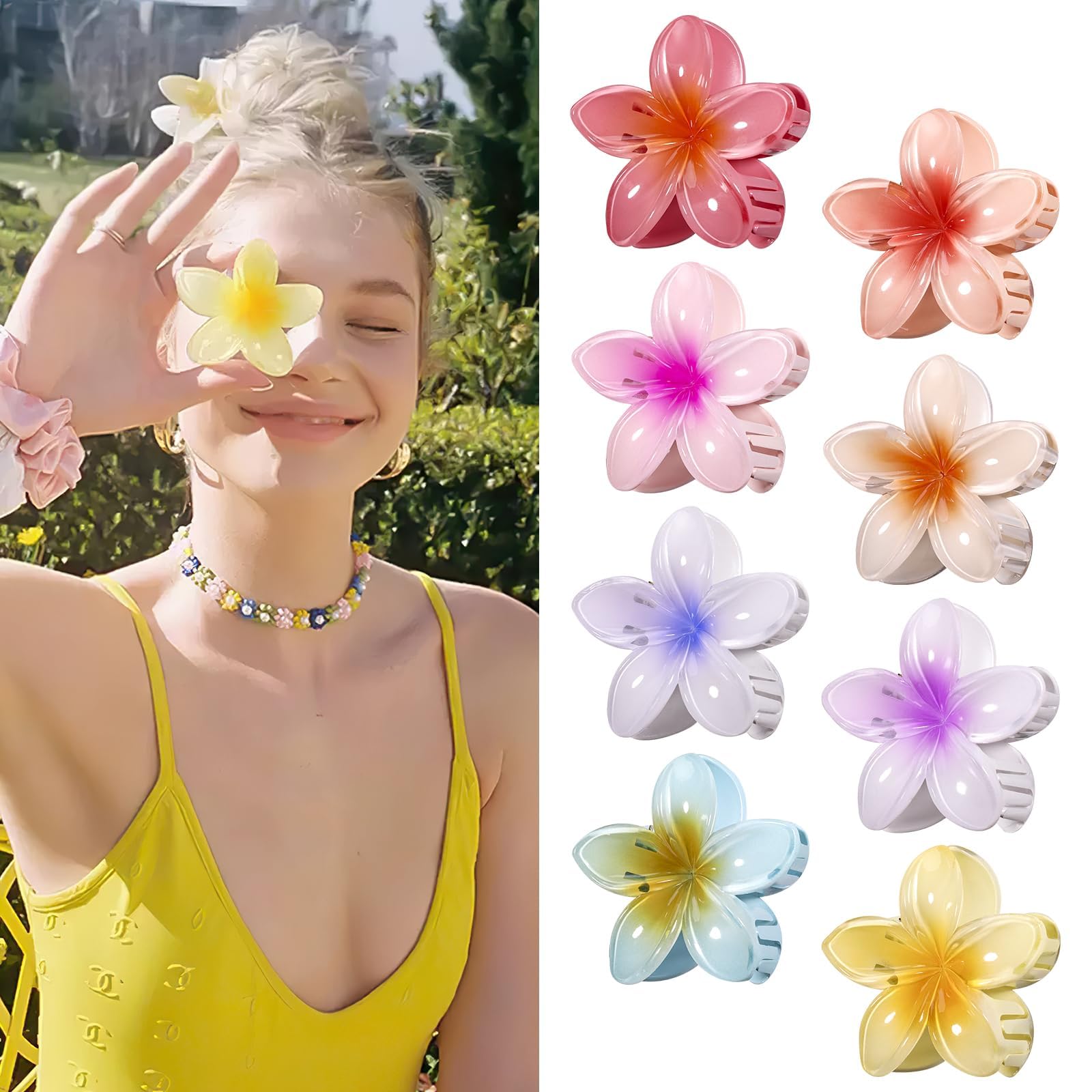 Huiguli 8 Piezas Pinza Pelo Flor Hawaianas, Clips de Pelo de Flor Colores Pinzas, Hair Garra Clip para Mujeres Niñas Diario Fiesta Boda Playa Viajes, Antideslizante
