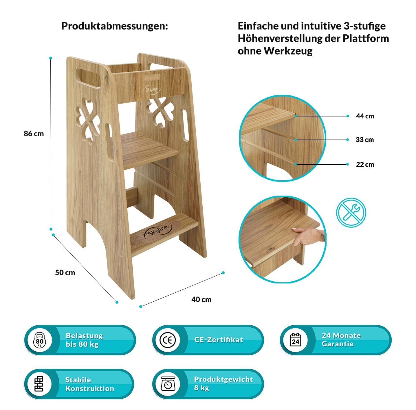 Skyline Steh Lernturm Baby ab 1 Jahr Montessori Learning Tower Höhenverstellbar Tritthocker Kinder Indoor Möbel Kinderzimmer Trittschemel Kitchen Helper Hochstuhl (Holzimitat mit Klee)