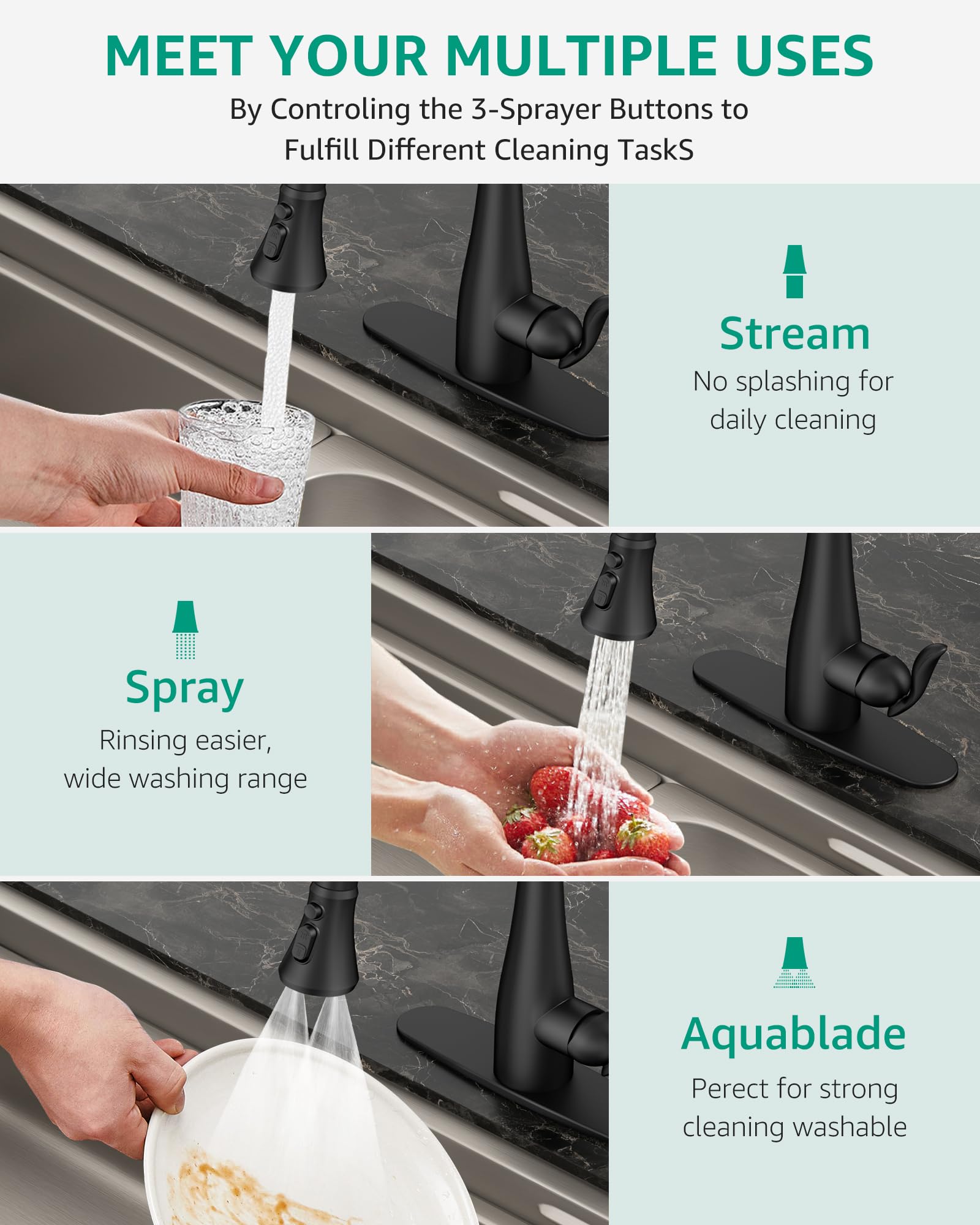 Mbillion Kitchen Faucet Head Replacement 3 Modes Polished Chrome Pull Down Sprayer Head Replacement with 14 Adapters Kitchen Sink Faucet Head (Matte Black) - Image 3