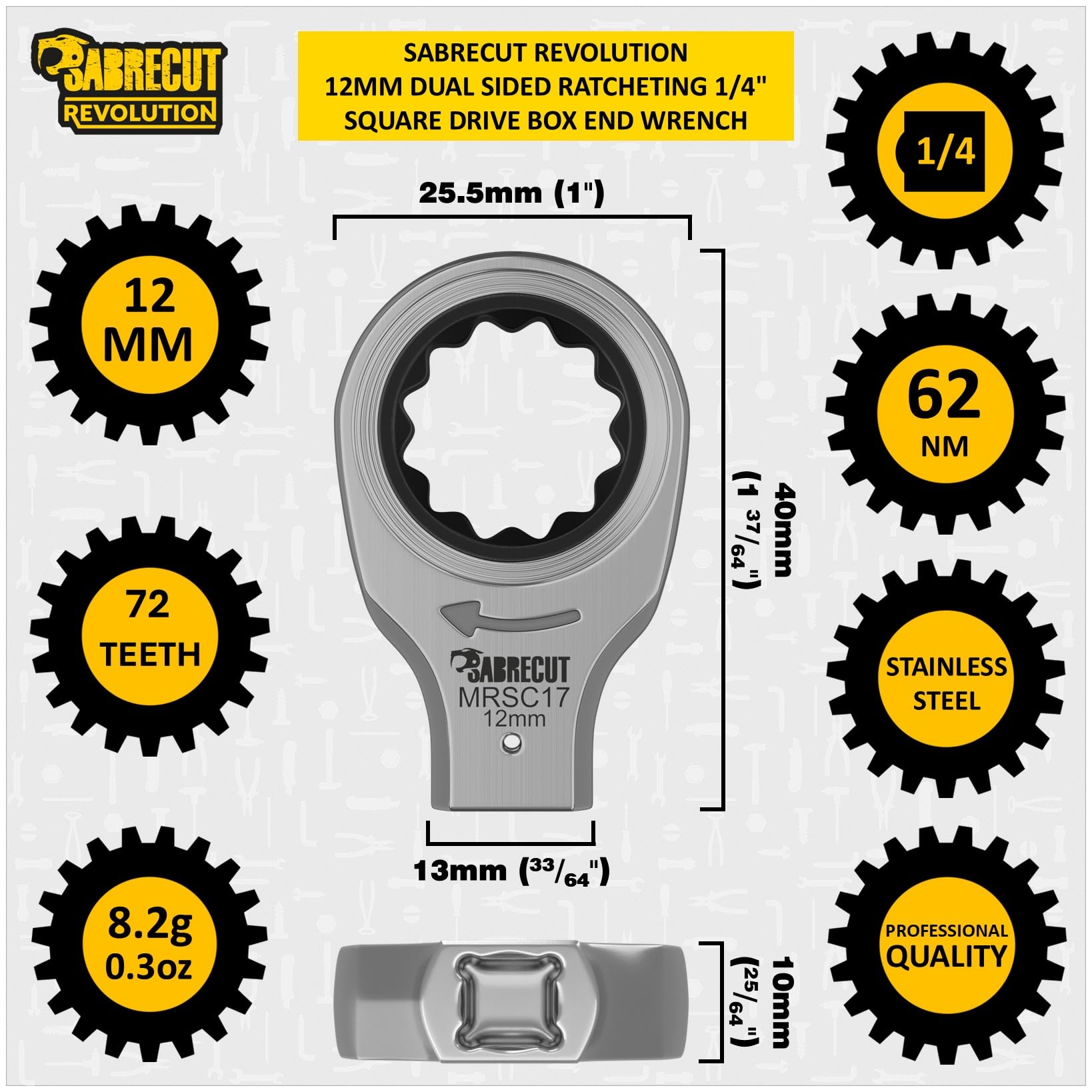 SabreCut 1 x MRSC17 12mm Dual Sided Ratcheting Wrench 1/4" Square Drive 72 Tooth Precision Gear 62Nm High Torque Ratchet Professional Stainless Steel Compact Tool Attachment - Image 2