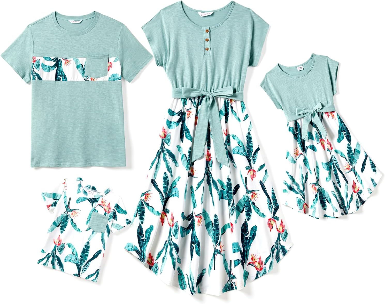 Family Matching Outfits Short Sleeve Mommy and Me Outfits Belted Dresses and Casual T-Shirts Matching Sets
