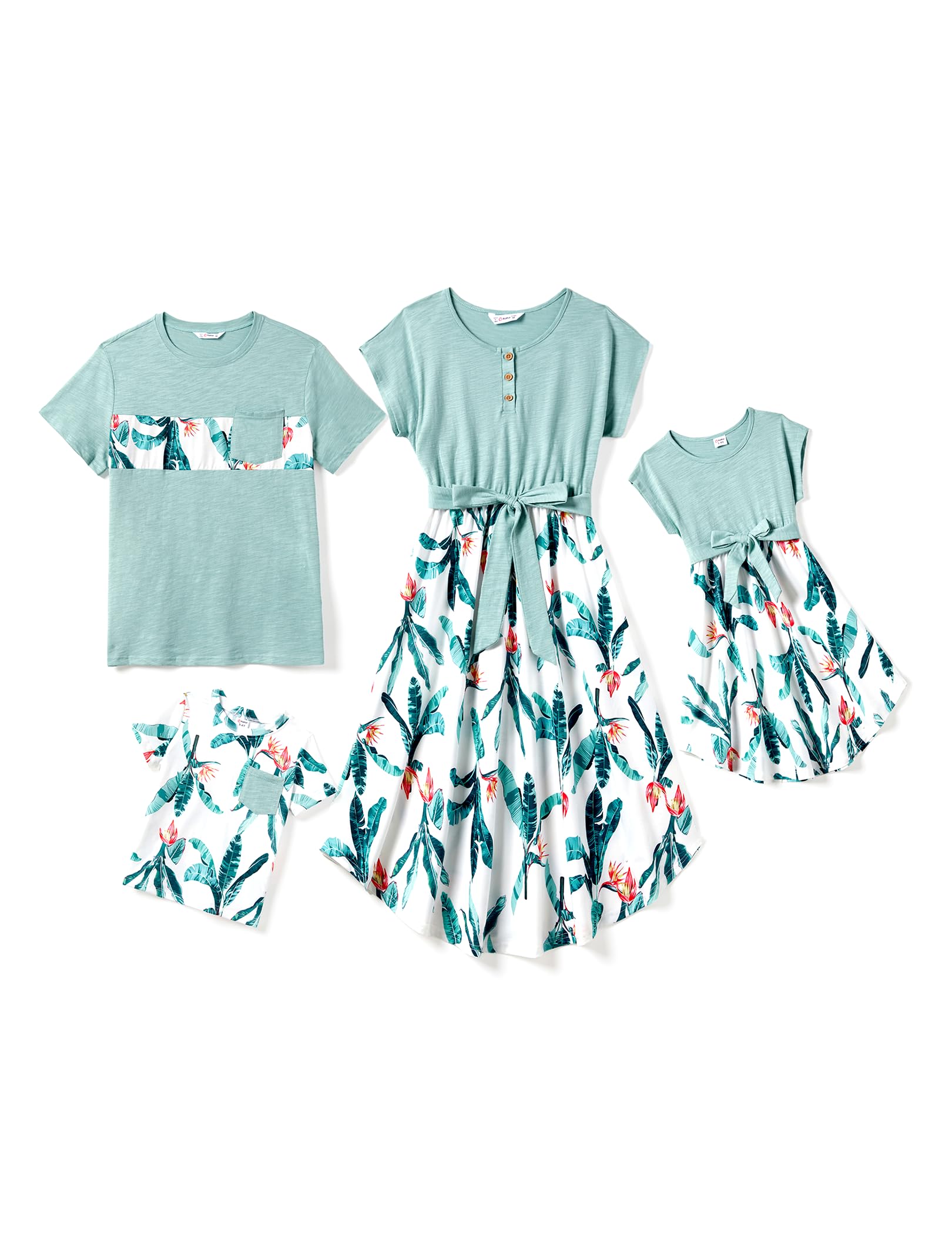 PATPAT Family Matching Outfits Short Sleeve Mommy and Me Outfits Belted Dresses and Casual T-Shirts Matching Sets