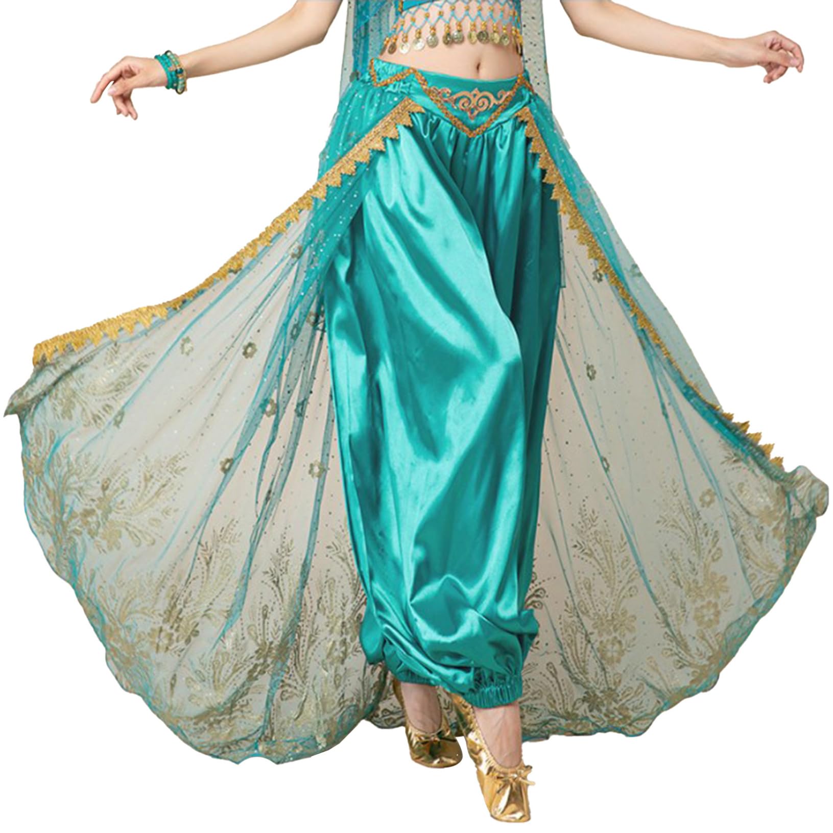 YEAHDOR Womens Bollywood Belly Dance Costume Satin Bloomer Loose Yoga Pants Indian Arabic Harem Trousers B Peacock Blue One Size