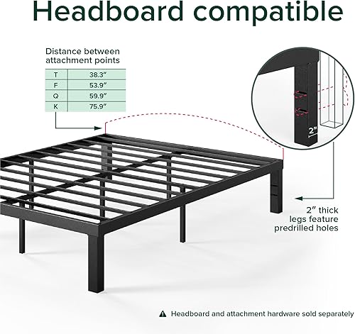 Miniatura 5 de Plataforma de metal, marco para cama Zinus Quick Lock 16 pulgadas, base para cama, no necesita caja de resortes, Acero, Negro