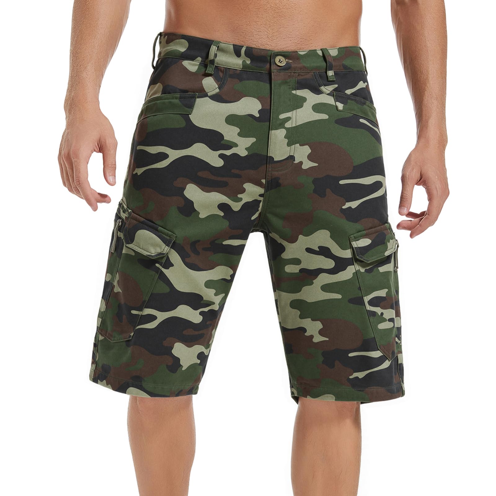 Short Bermuda Homme en Coton, Short Cargo Homme Camouflage de Plusieurs Poches Taille Élastique