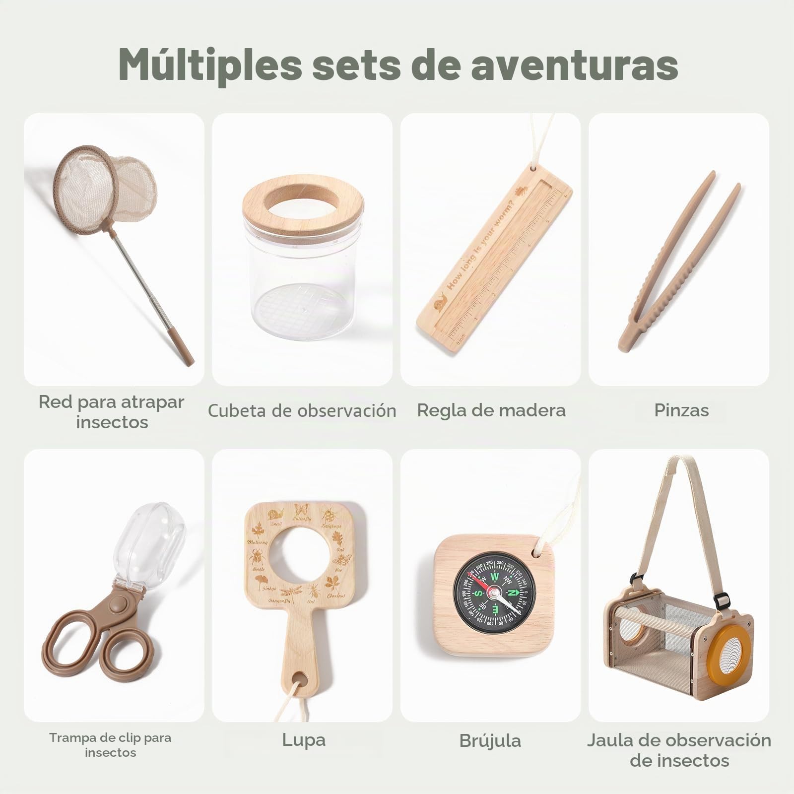 WOODEN TEETHER Set de investigadores para niños, Regalos para niños y niñas, Regalo para y niñas, Camping, exploración de la Naturaleza,(9 Piezas)