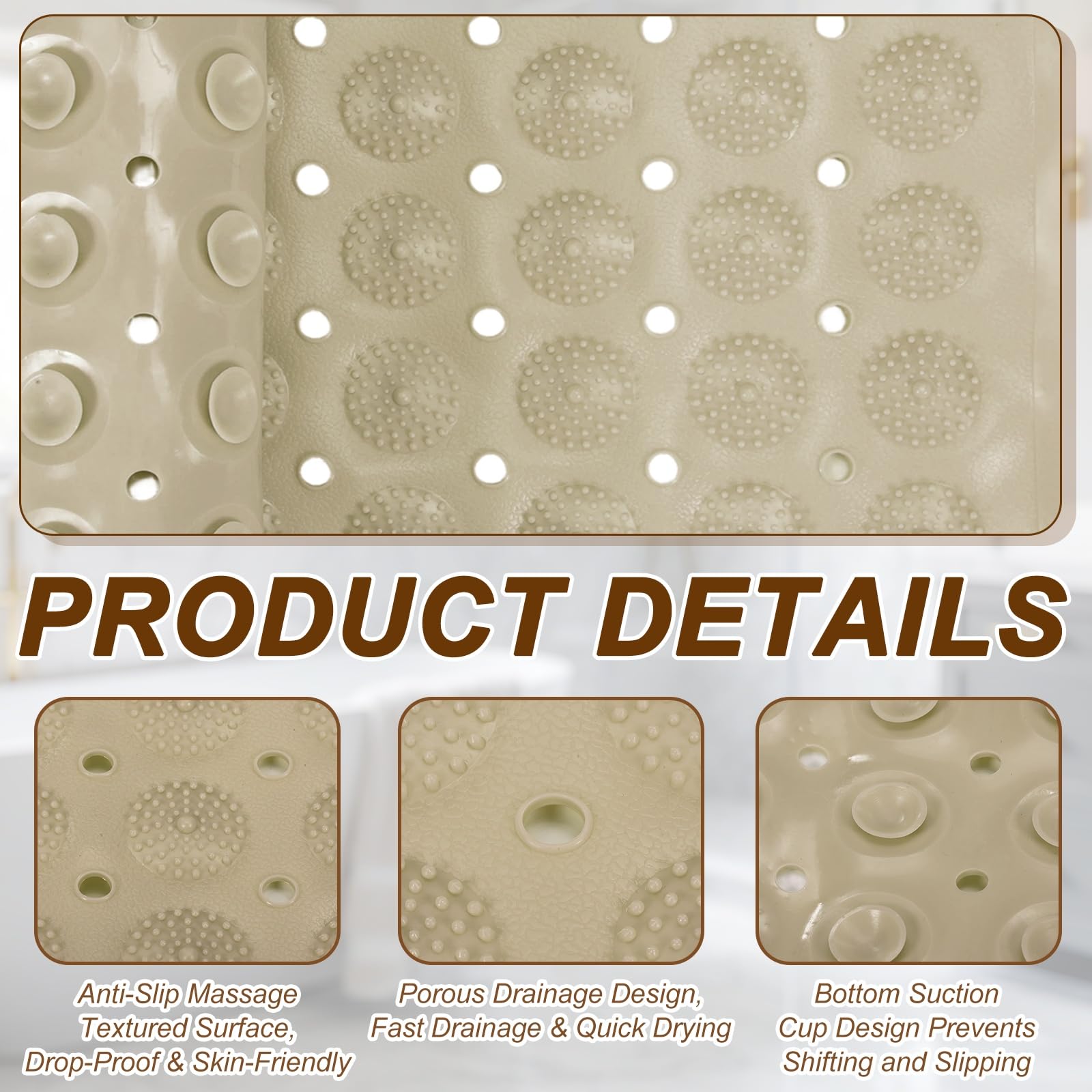 QUARKZMAN Tappetino Antiscivolo Per Doccia 28 X 15 Pollici In PVC Lavabile Con Ventose E Fori Di Scolo Morbido Sotto I Piedi Per Vasca Doccia Bagno Color Cachi