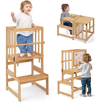 COSYLAND Montessori Learning Tower from 1 Year Foldable 3-in-1 Learning Tower & Learning Chair Children from 1 Year Foldable Montessori Learning Tower with Blackboard for Kitchen Table & Bathroom