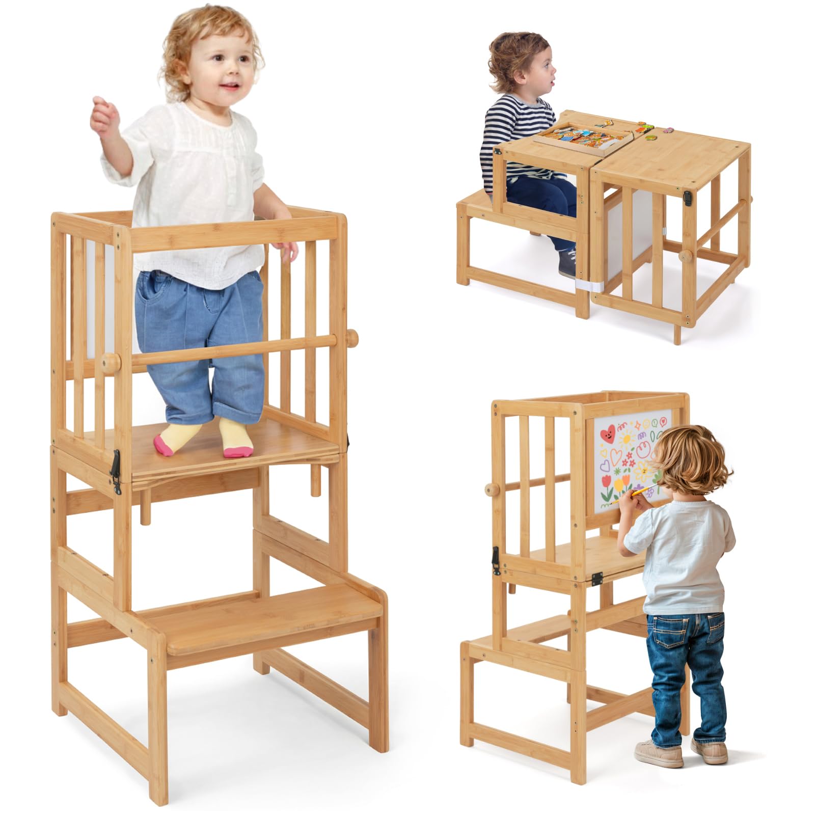 COSYLAND Montessori Lernturm ab 1 Jahr klappbar | 3 in 1 Learning Tower & Lernstuhl Kinder ab 1 Jahr | Klappbarer Montessori Lernturm mit Tafel für Küche, Tisch & Bad, Toddler Tower