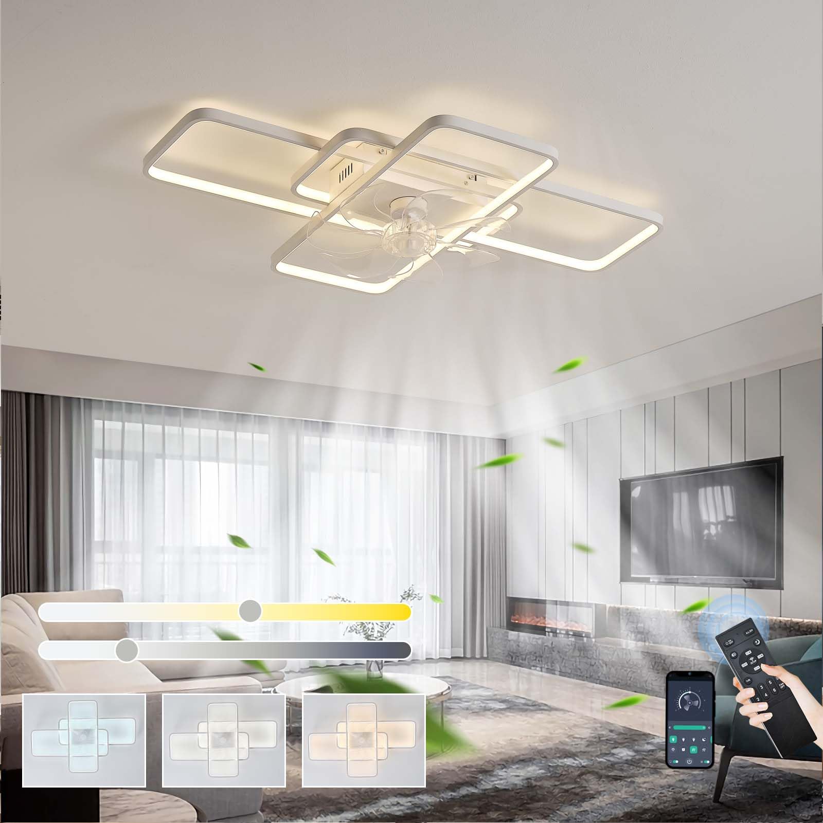 HELCEKOU Modern LED Ceiling Fan Chandelier Light with Remote Control Dimmable 6 Speed Reversible Silent Timer for Bedroom Living Room Decoration