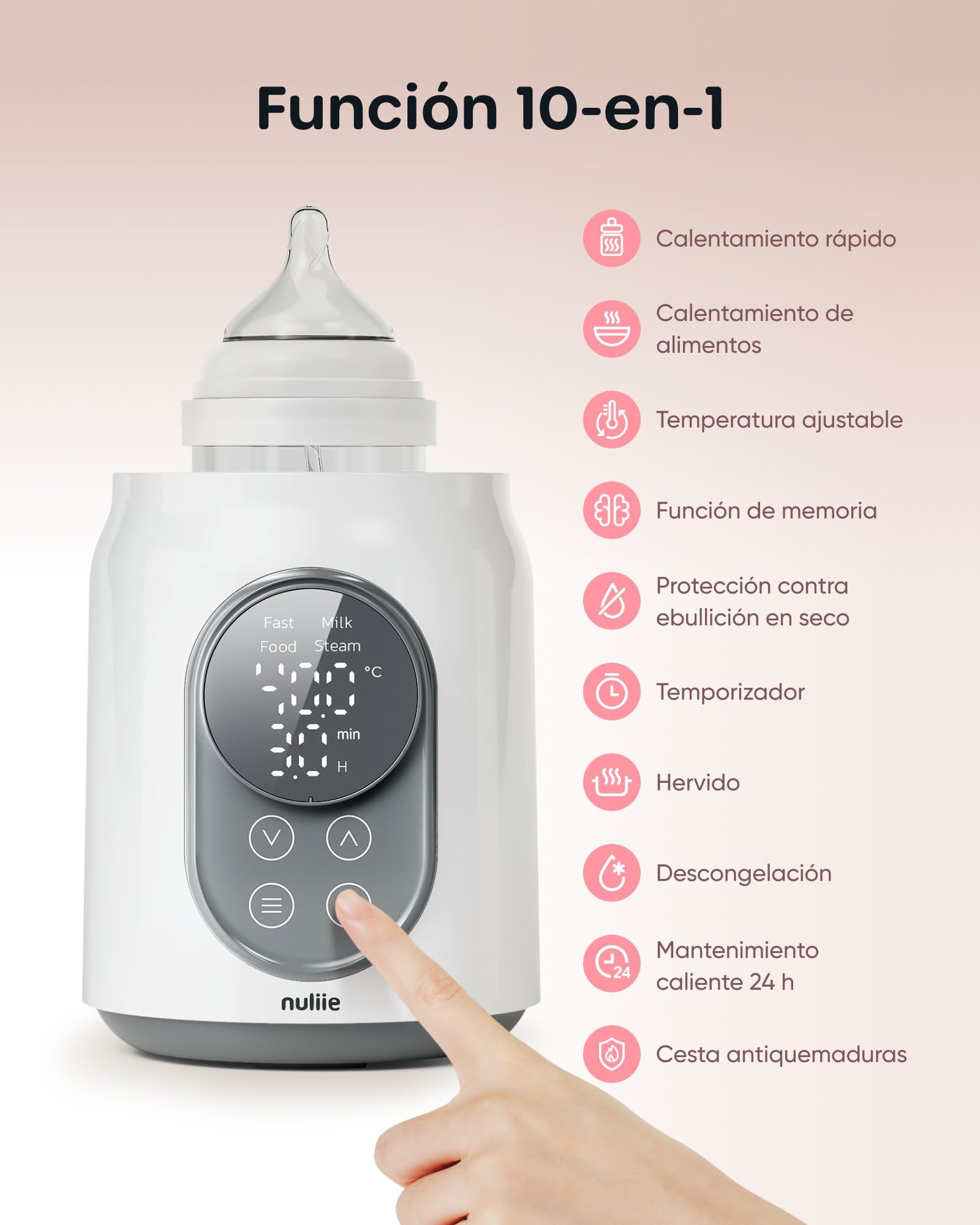 Calienta Biberones, Nuliie Calienta Biberones Eléctrico 10 en 1 para Leche Materna o Fórmula con Temporizador Digital Pantalla LCD Control de Temperatura Inteligente y Apagado Automático, 220V