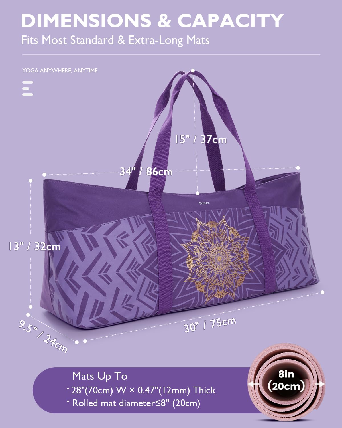Gonex Borsa Yoga Donna in Tela Extra Large, Borsa da Palestra con Tasca Impermeabile e Cerniera in Metallo, Porta Tappetino e Mattoncini, per Yoga, Pilates, Viaggi
