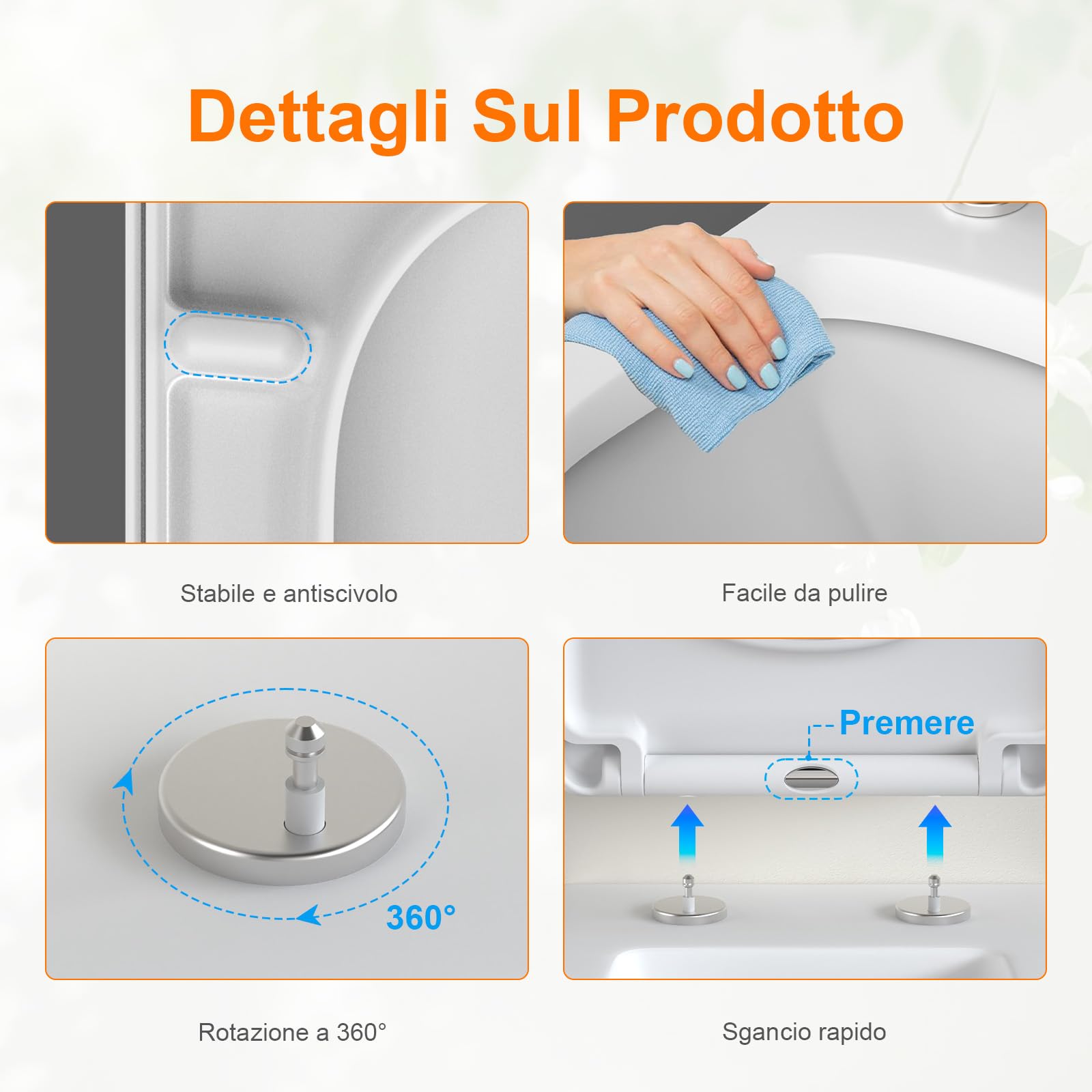 GRIFEMA Copriwater Universali, Tavoletta WC Quadrata con Funzione di Sgancio Rapido, Sedile WC Urea-Formaldeide Materiale Antibatterico, Facile da Pulire, 46.1 * 5.3 * 35.1cm, Bianco