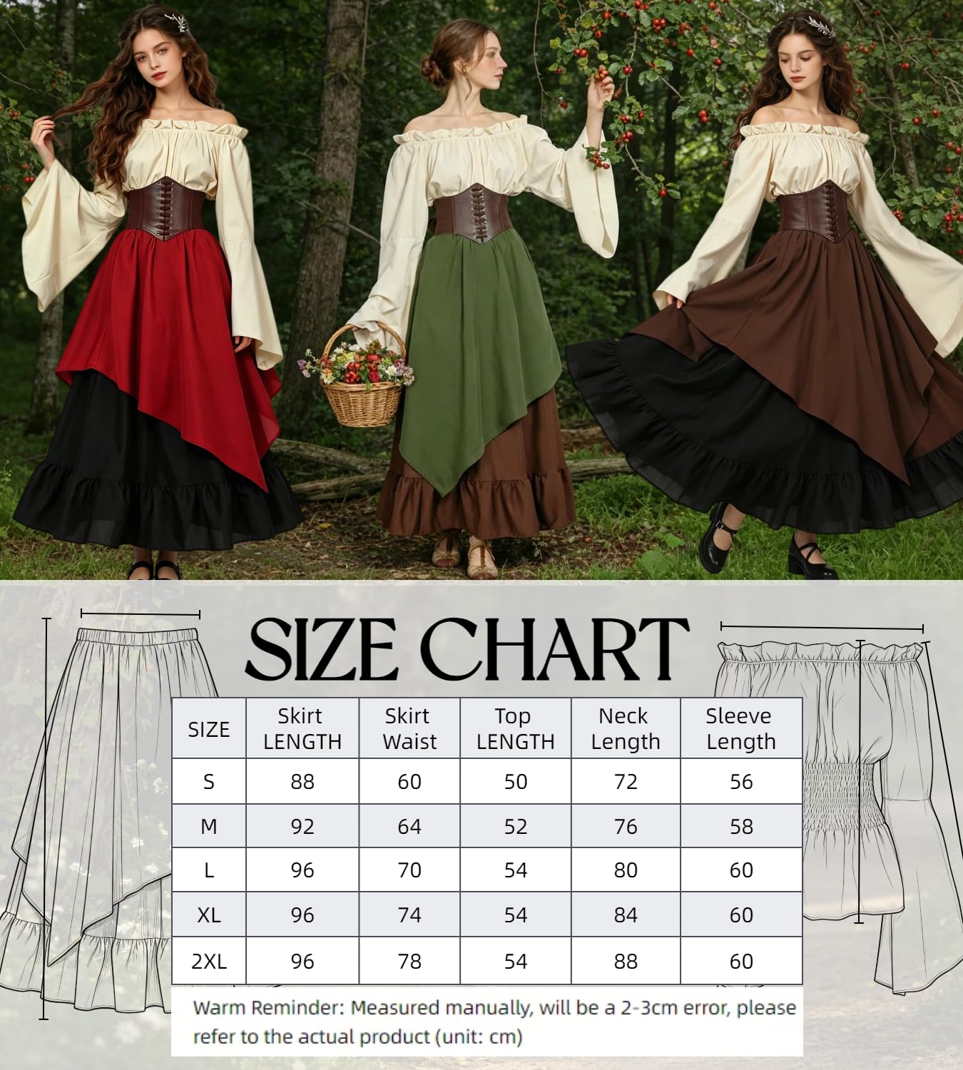 kasahara Mittelalter Kleidung Damen Set, Retro Off Shoulder Bluse Kleid Renaissance Kostüm Victorian Bekleidung Maxi Dressm mit Corsett Karneval Faschingskostüm
