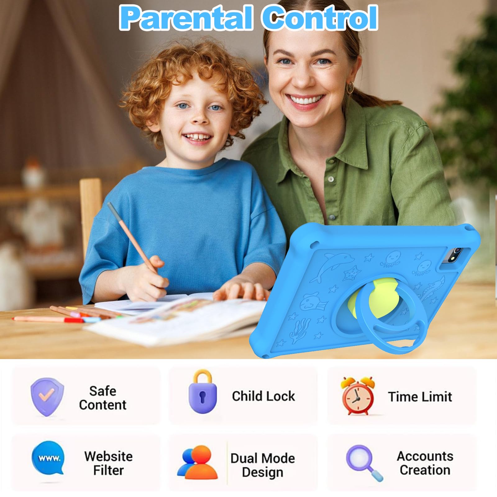 Tableta para Niños de 10.1 Pulgadas,Tabletas Android 13 con Funda Protectora, 8+128GB,Pantalla IPS 1280 * 800,Cámara Dual 2MP+5MP,6000mAh,Tableta Aprendizaje con Control Parental e iWawa,Azul