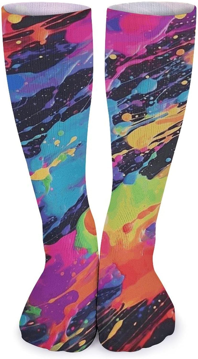 Breathable Crew Sock, Moisture Wicking, Athletic Calf Socks, Cozy | Colorful Paint Compression Socks for Women Men, Lightweight High Work Socks for Business, Casual