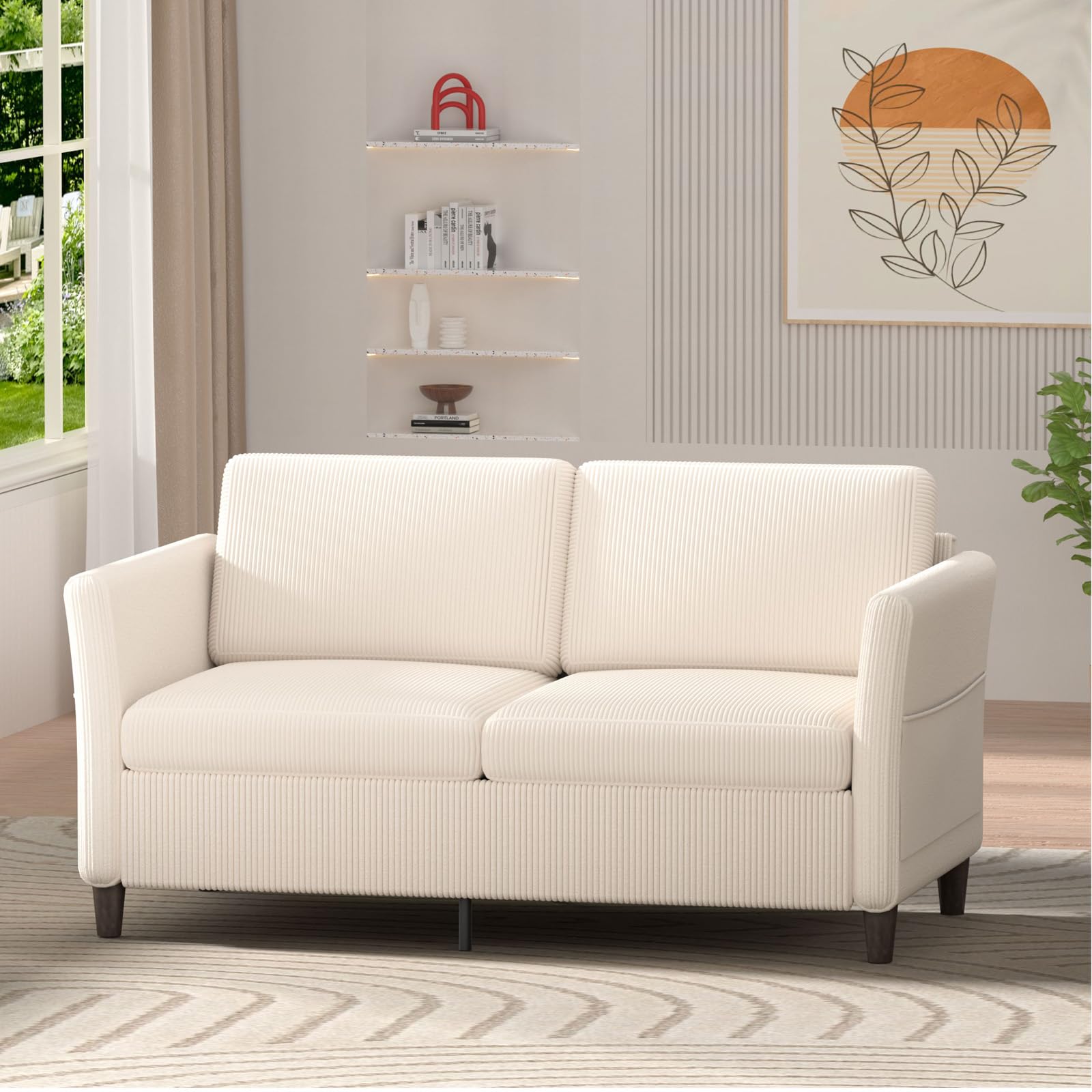 Valthie 60.6" Corduroy Loveseat Sofa, Modern Comfy Couches with Side Pocket, 2-Seater Sofa Couch for Living Room, Bedroom and Small Spaces,Beige