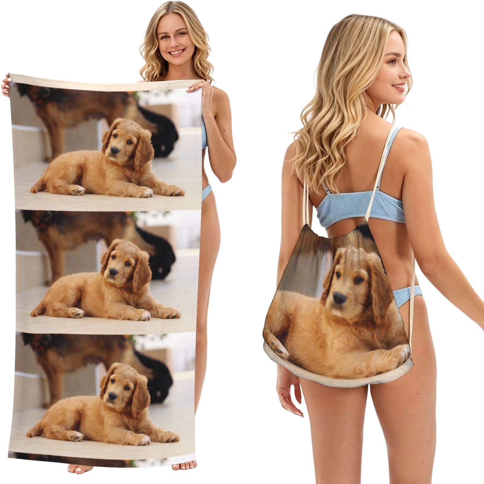 Poadnly As Picture Cocker Spaniel Puppy Small Spaniel Dogs Pets, 2 In 1 Packable Towel Bag, Beach Towels With Drawstring Backpack For Travel Holiday Camping