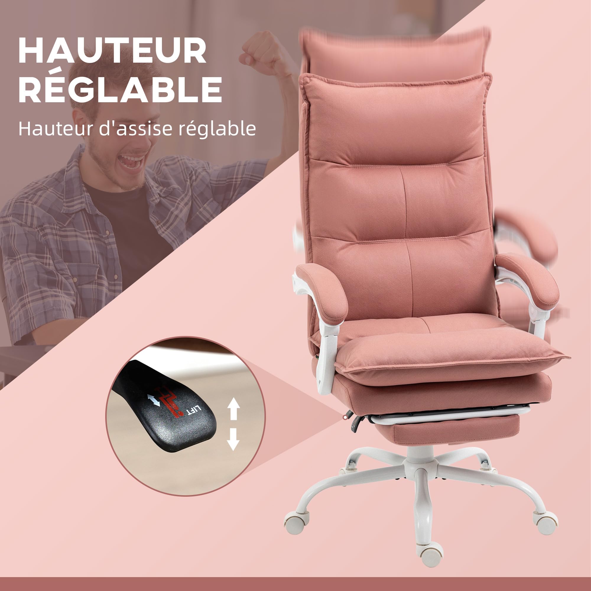 Vinsetto Fauteuil de Bureau Massant et Chauffant Hauteur Réglable Rose