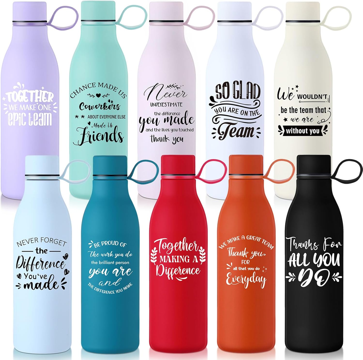 Bokon 10 Pcs Valentine Employee Appreciation Gifts 17oz Thank You Water Bottle Bulk with Silicone Handle Inspirational Stainless Steel Insulated Water Bottle Gifts for Coworker Team Staff(Be Proud)
