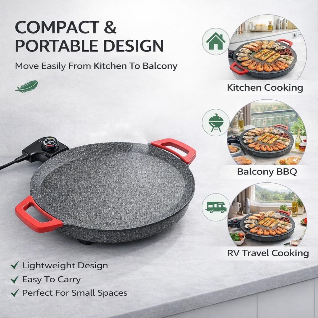 Comales Para Tortillas Electricos,Electric Korean BBQ Grill,Indoor Smokeless Grill, Nonstick Electric Griddle For Indoor Use,Smokeless Oil Drain For Family Meals, Pancakes, BBQ (14 in)