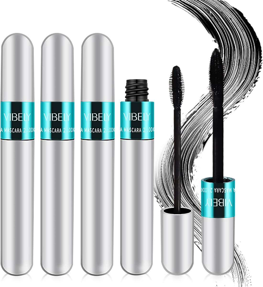 4 Pack VIBELY Mascara 5x Longer Washable, 2 in 1 4D Silk Fiber Lash Mascara | Natural Lengthening and Thickening, No Clumping, Long-lasting