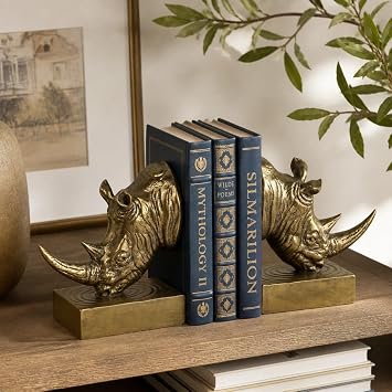 Rhino Head Bookends, Sculptural Rhinoceros Book Ends for Shelves Office Desk, Heavy Decorative Animal Bookends, Home Office Library Decor (Gold)
