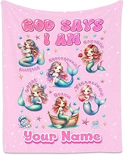 Personalized Mermaid Blanket for Girls, Custom Name Gift, Cute Fleece Fu...