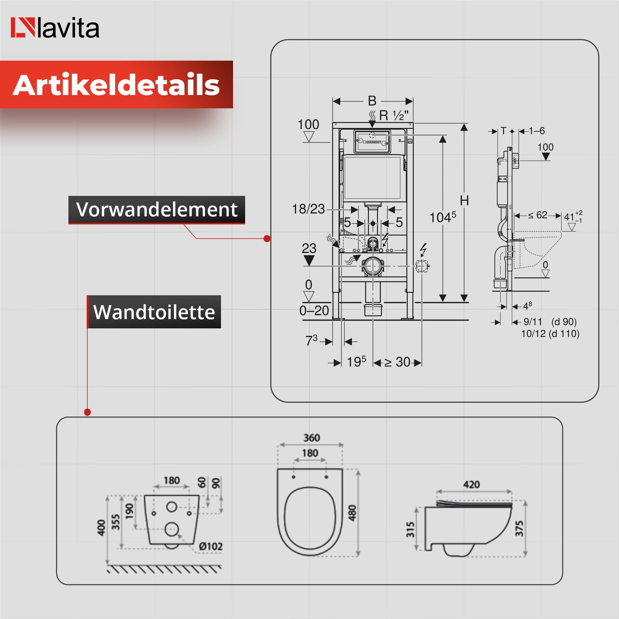 Duofix - Inodoro básico de pared + fregadero profundo de pared Brava blanco sin bordes + placa de control Delta 25 | Botón negro | Juego completo | cisterna empotrada | inodoro completo