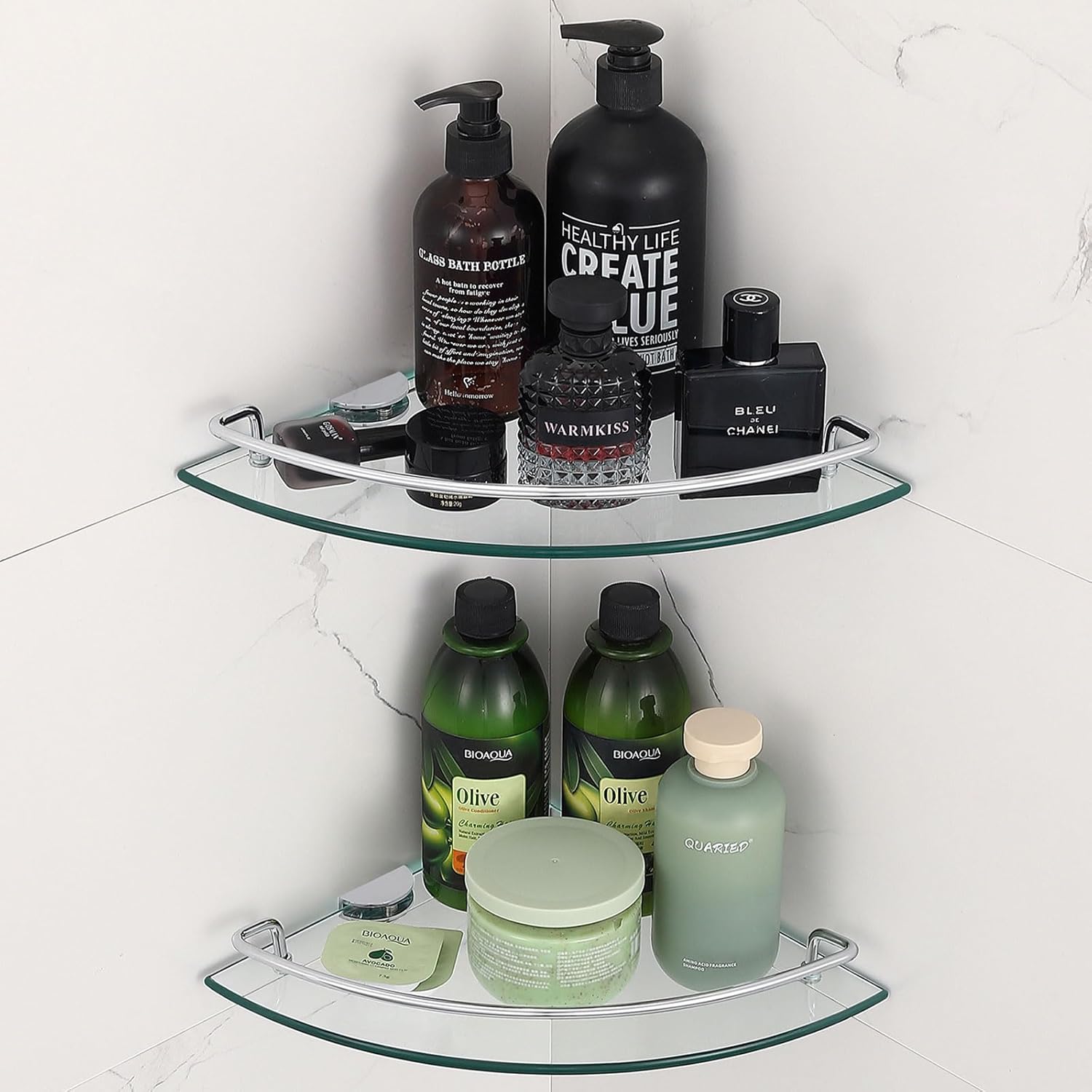 MISSING 1 CORNER SHELF, 2 Ties Glass Corner Shelf with SUS 304 Stainless Steel Rail Chrome Finished, Esquinero para baños, Rustproof Tempered Glass Shelf, Shower Caddy Organizer 9.8\" x 9.8\" 2 PACK With Rail