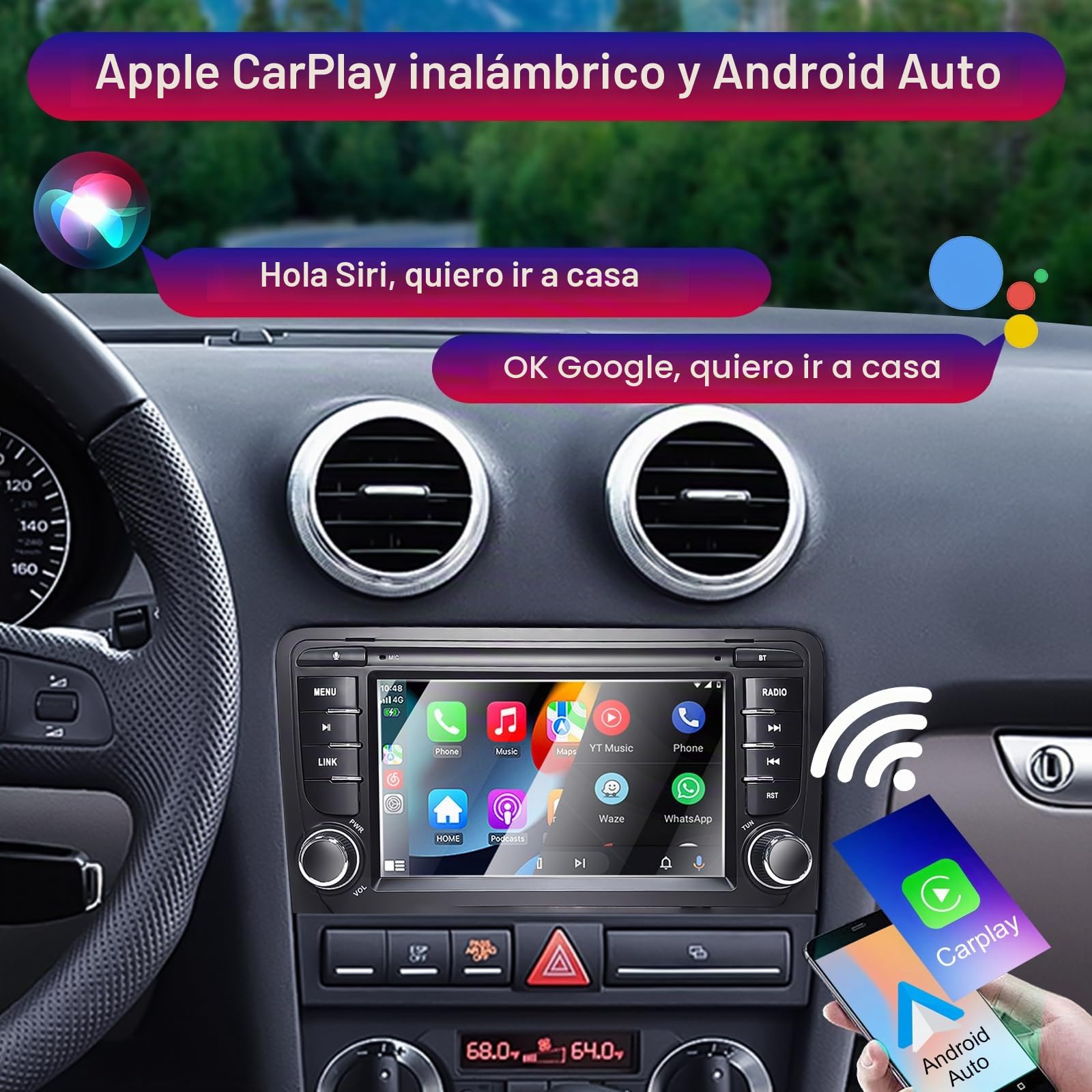Radio de Coche para Audi A3 2003-2012, S3 2006-2012, RS3 2011-2012 Compatible con Carplay Android Auto, Pantalla táctil de 7 Pulgadas con Radio Bluetooth/FM/Am/USB/DPS/RDS-Energía Alta