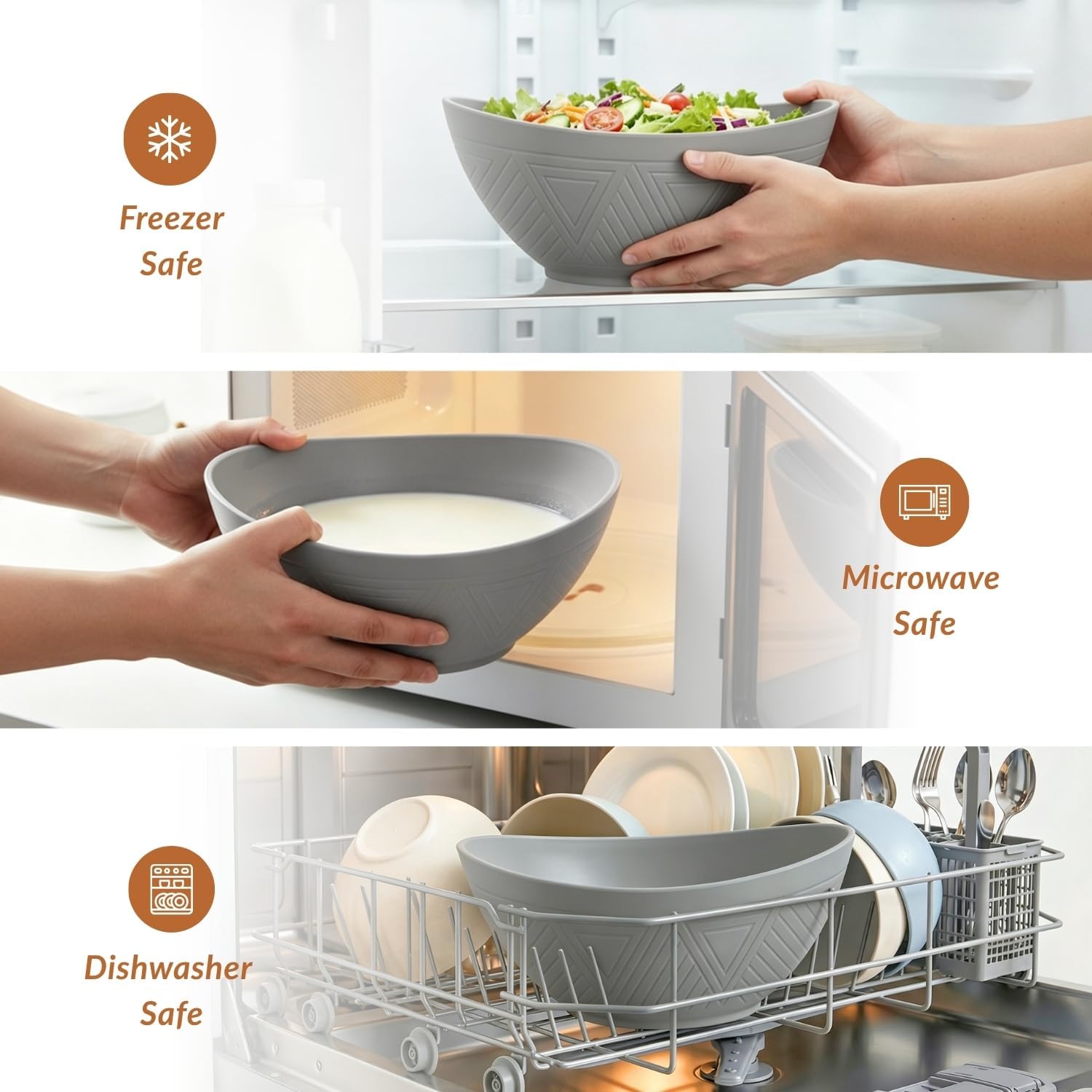 Homienly Wheat Straw Bowls, Large Salad Bowls Set of 6-60 OZ Serving Bowl for Kitchen, Camping, Party - Unbreakablke Microwave and Dishwasher Safe Big Cereal Bowl, Large Soup Bowl - Grey image 5