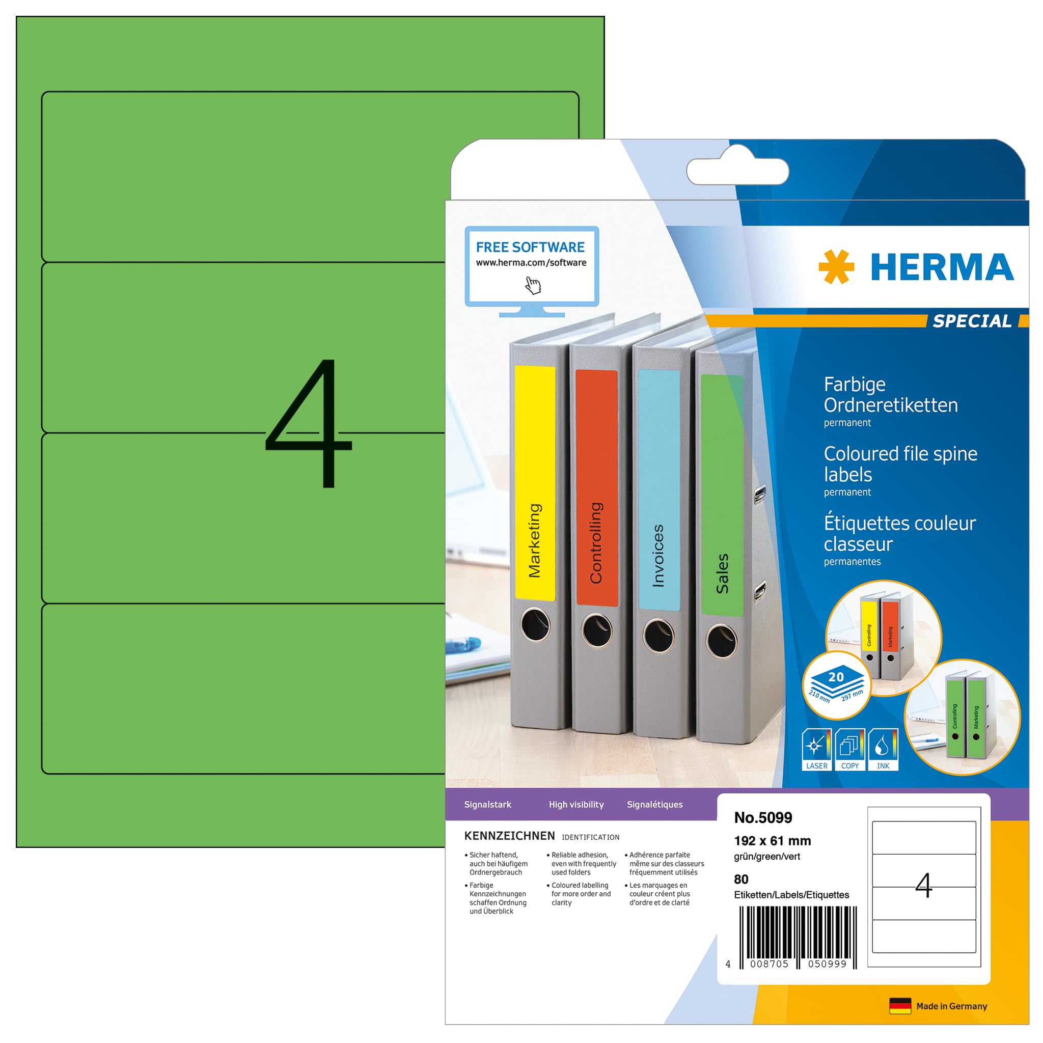 HERMA Self Adhesive Spine Labels, 4 Labels per A4 Sheet, 20 Sheets, 192 x 61 mm, 80 Labels, Blank Lever Arch File Folder Labels Stickers, Sticky Labels for Laser & Inkjet Printer, Green