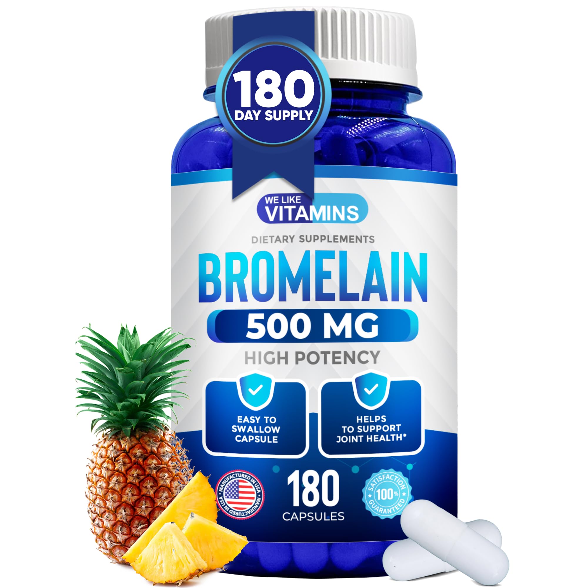 Bromelain 500mg Capsules - 1200 GDU/Serving - Bromelain Supplement from Pineapple Extract - Proteolytic Enzymes for Digestion, Absorption, Joint Pain, Muscle Soreness - 180 Capsules