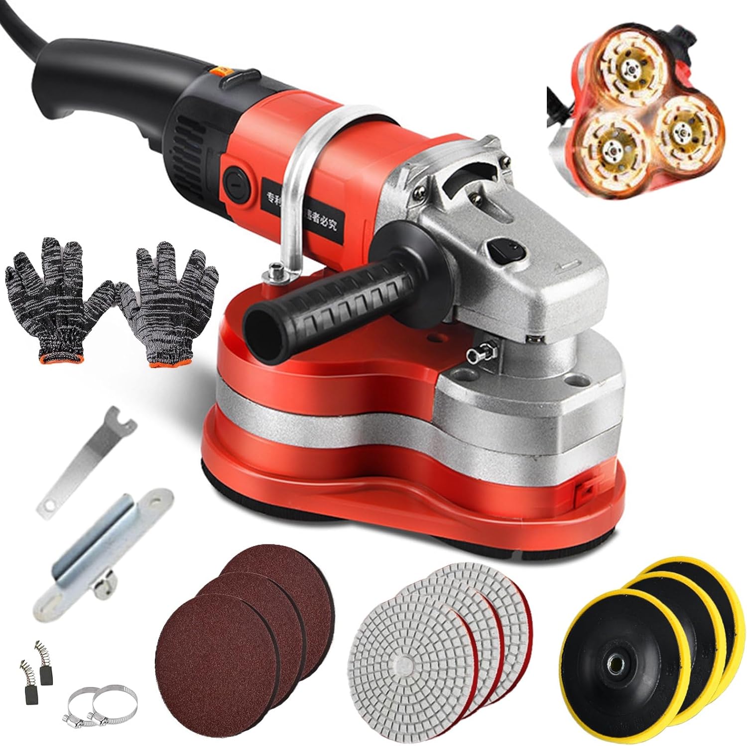 Electric Concrete Grinder, Adjustable Speed Rock Polisher, Floor Polishing Machine for Stone Marble Tile Cement Concrete Floor Grinding Cleaning, 3x Diamond Grinding Wheels, 3 Sets Sanding Pads