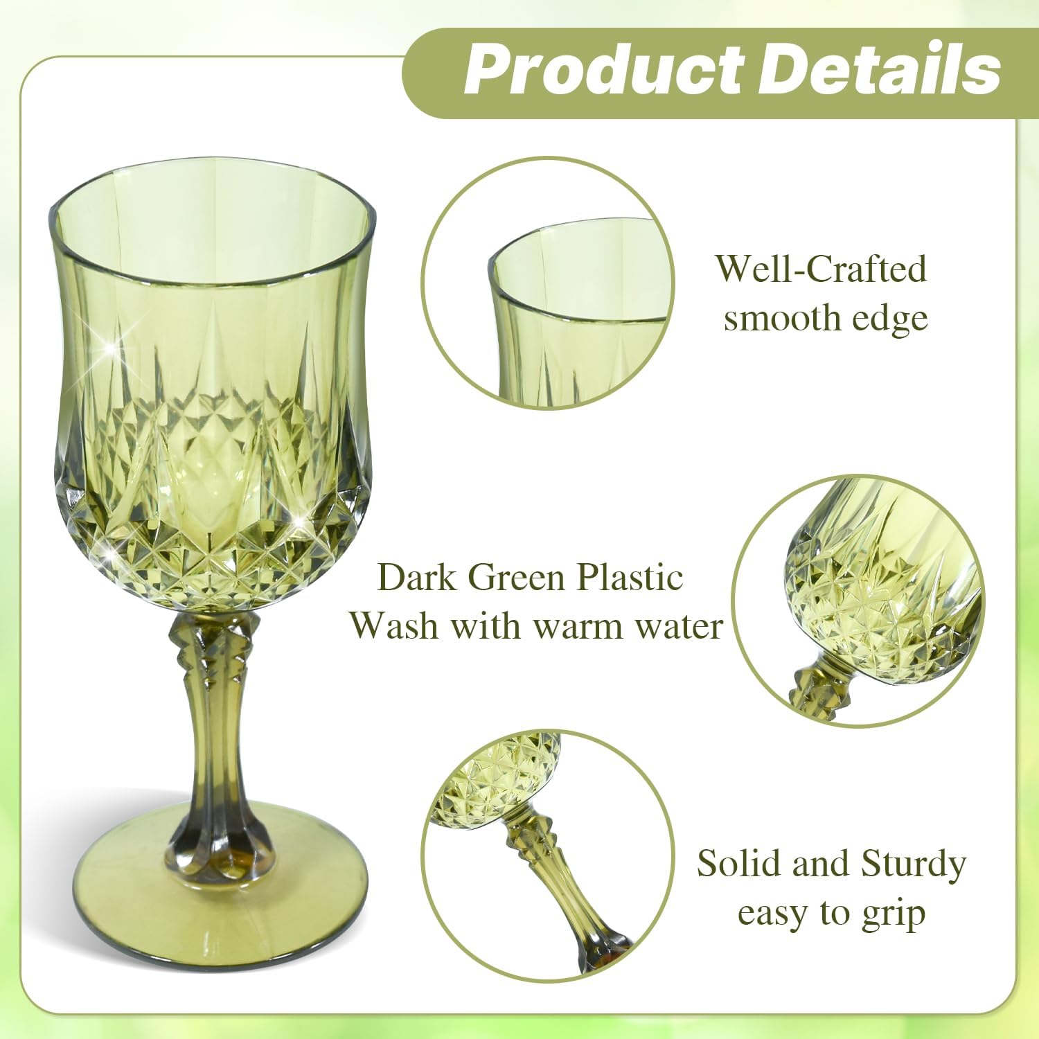 24 Pcs Plastic Green Wine Drinking Glasses, Plastic Water Goblets Green Vintage Reusable Drinkware Vintage Champagne glassware for Wedding Reception Grand Event Party, 7oz - Image 3