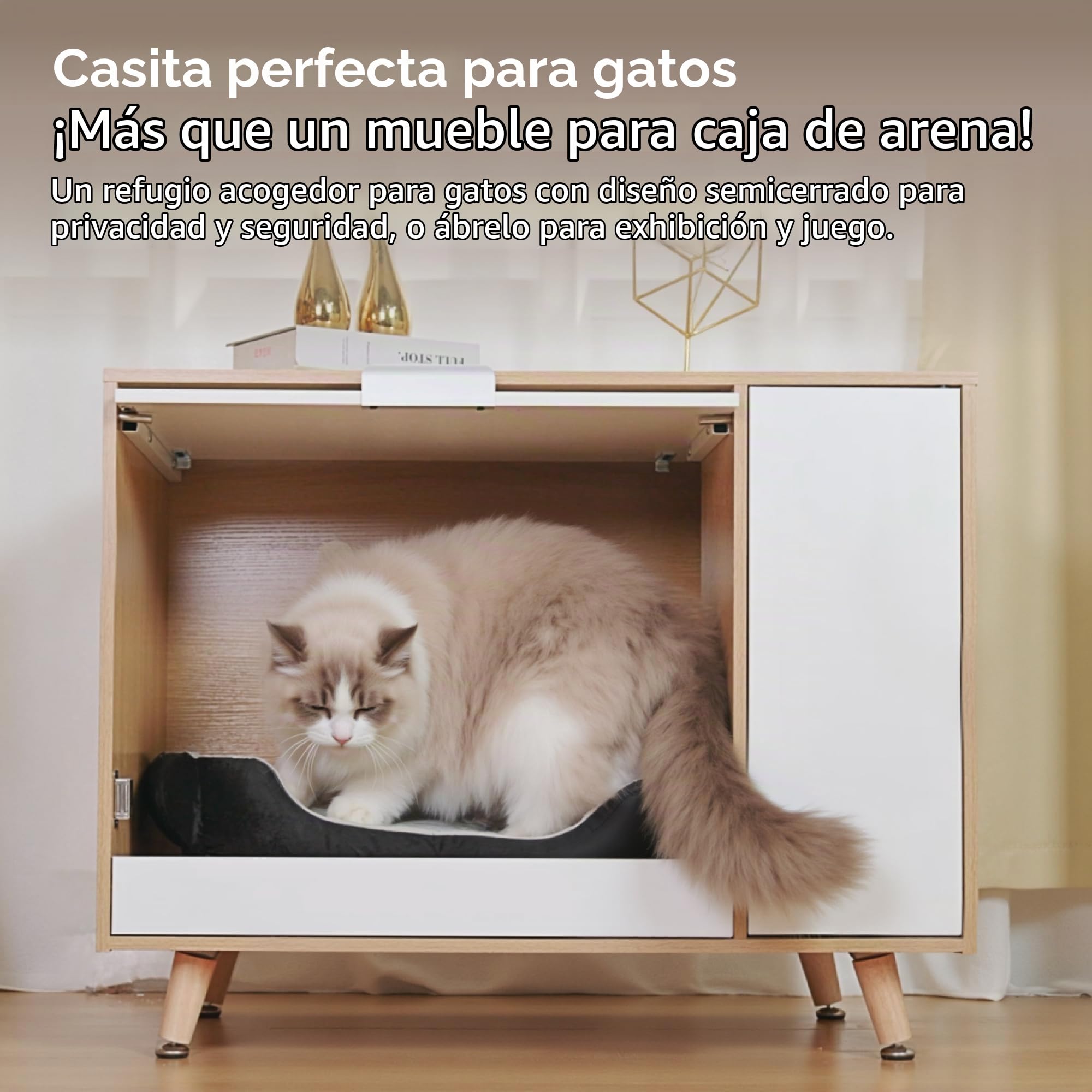 Mueble Arenero para Gatos, Mueble para Esconder la Arena con Puerta Abatible y Bandeja Extraíble, Casa para Gatos con Entrada Lateral y Almacenamiento, Tono Madera