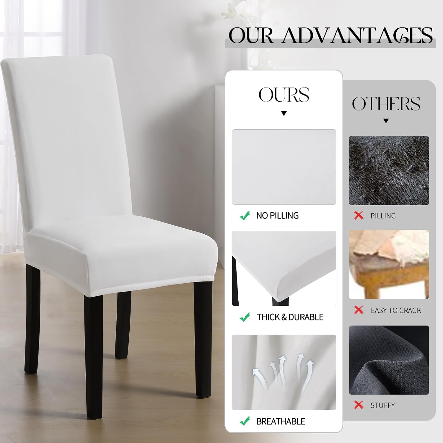 MOSAYT Velvet Stretch Chair Covers for Dining Room Set of 6 - Soft Slipcovers with Thick Removable Fabric for Parsons Chairs, Washable Seat Protectors for Kitchen, Banquet & Home Decor, White