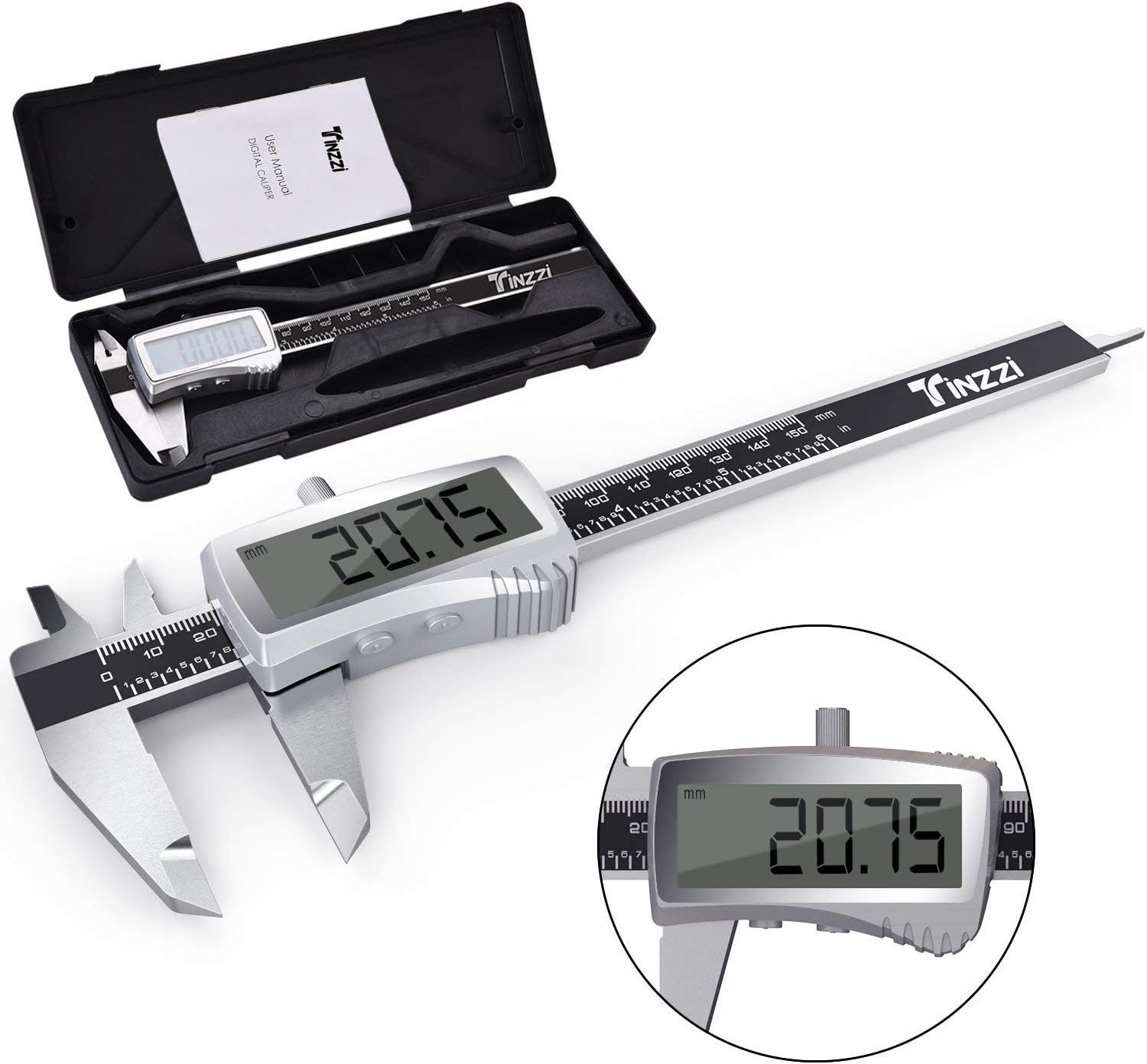 Vernier Caliper, Tinzzi Electronic Digital Vernier Caliper with Large LCD Screen,Up to 6inch/150mm Range Stainless Steel High Resolution Accuracy Digital Calipers