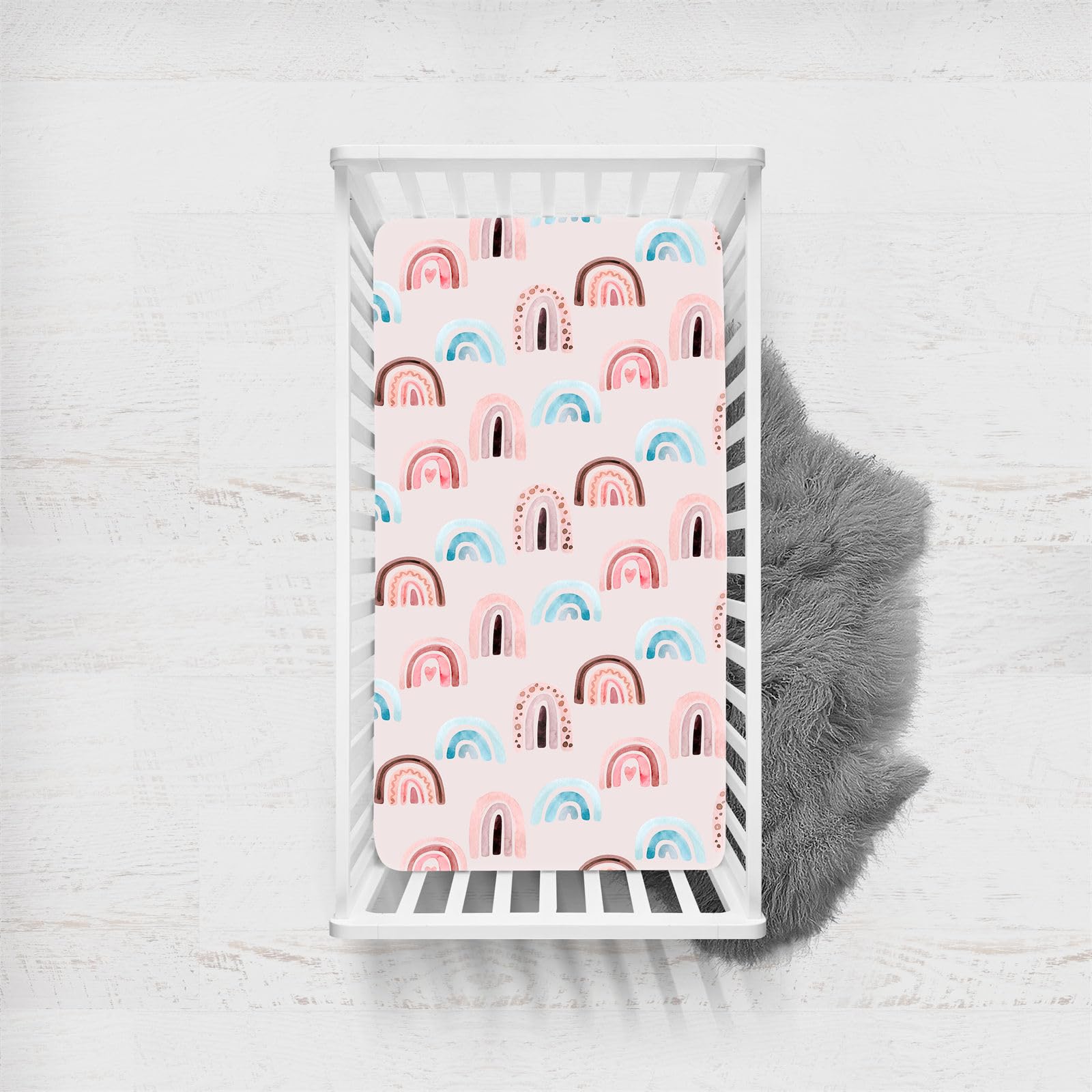 Odot Cot Bed Fitted Sheets, Rainbow Pattern Moses Basket Fitted Sheet Microfibre Crib Fitted Sheets Soft Durable Baby Bed Sheets Bassinet Sheets Cot Bed Mattress Protector (Pink Rainbow,80x160cm)
