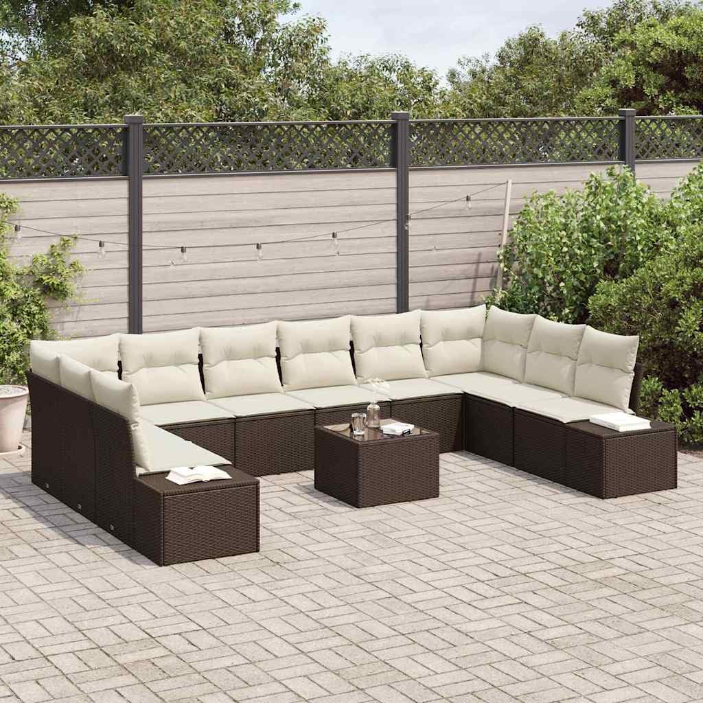 Set Divano da Giardino 10 pcs Marrone e Crema Polyrattan Resistente, Modulare per Esterni, Lounge, Relax, Patio, Veranda, Cortile, Piscina, con Cuscini Rimovibili, Facile da Assemblare