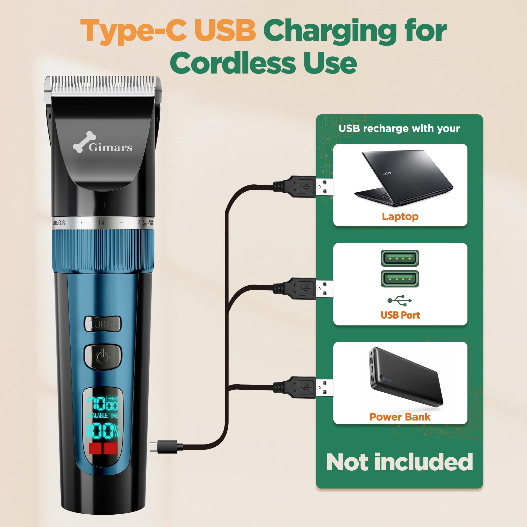 Gimars Tondeuse pour chien 4 en 1 7000 tr/min avec lame de rechange, sans fil et silencieuse, 55 dB, tondeuse professionnelle pour poils d'animaux, tondeuse à poils de chien et rasoir pour poils épais