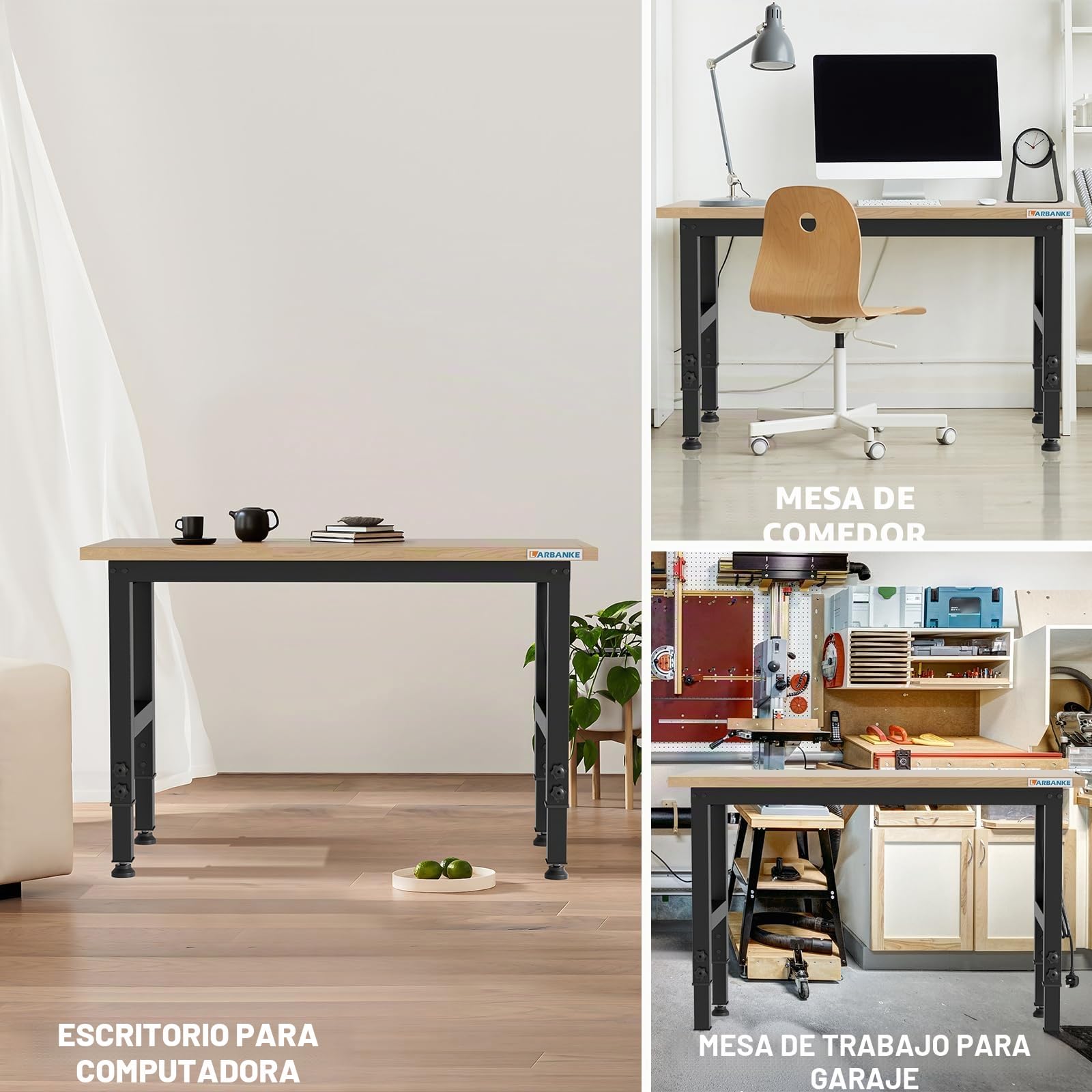 Banco de trabajo ajustable 120 cm 900 kg mesa de madera de caucho 5 alturas panel de alimentación