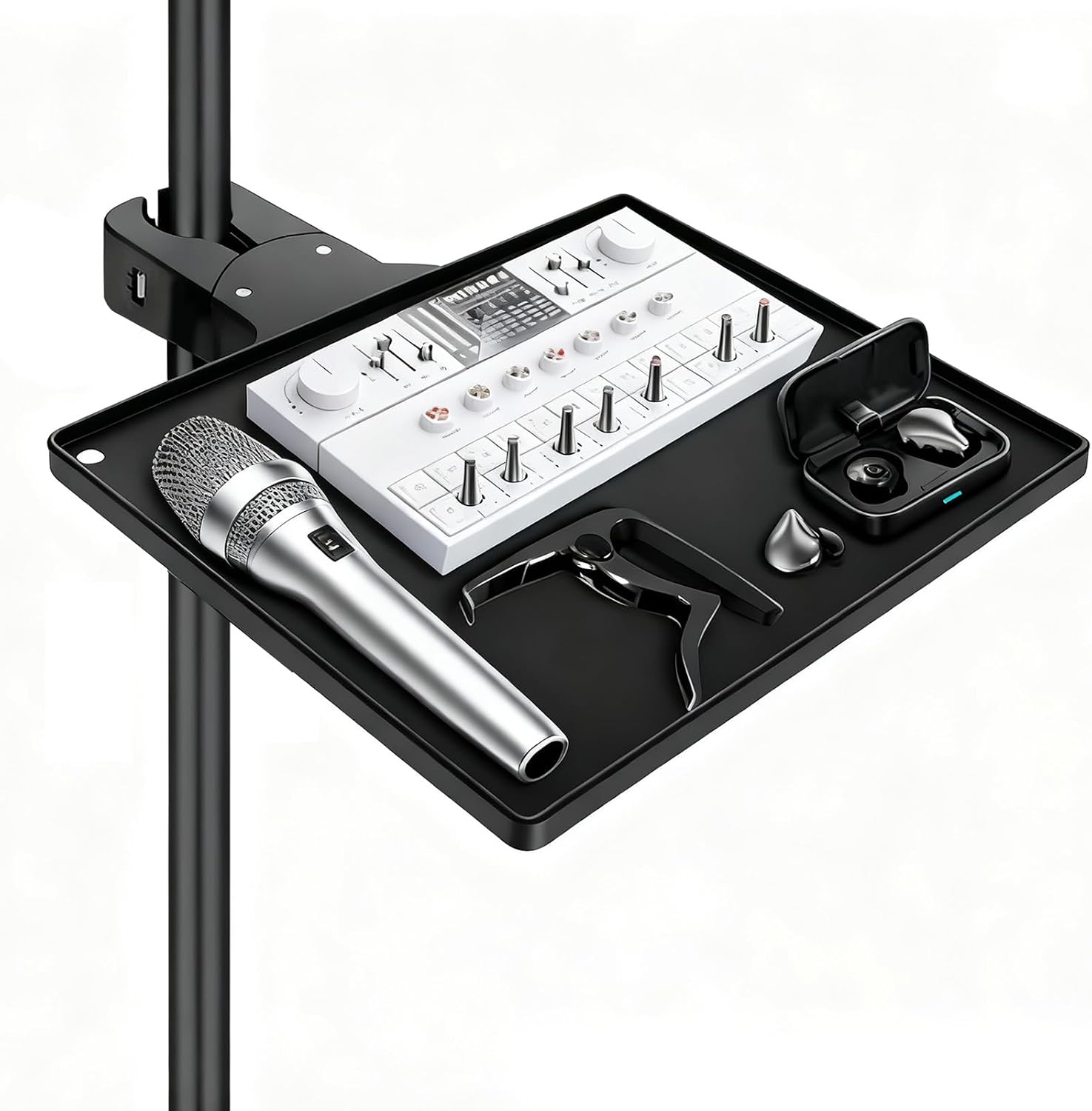 Sound Card Tray, 27 x 28 x 3.5cm Clamp - On Microphone Stand Tray, Universal Large Music Holder with Crab Clamp, Mic Storage Rack, for Music Sheet, Live Streaming, Concert