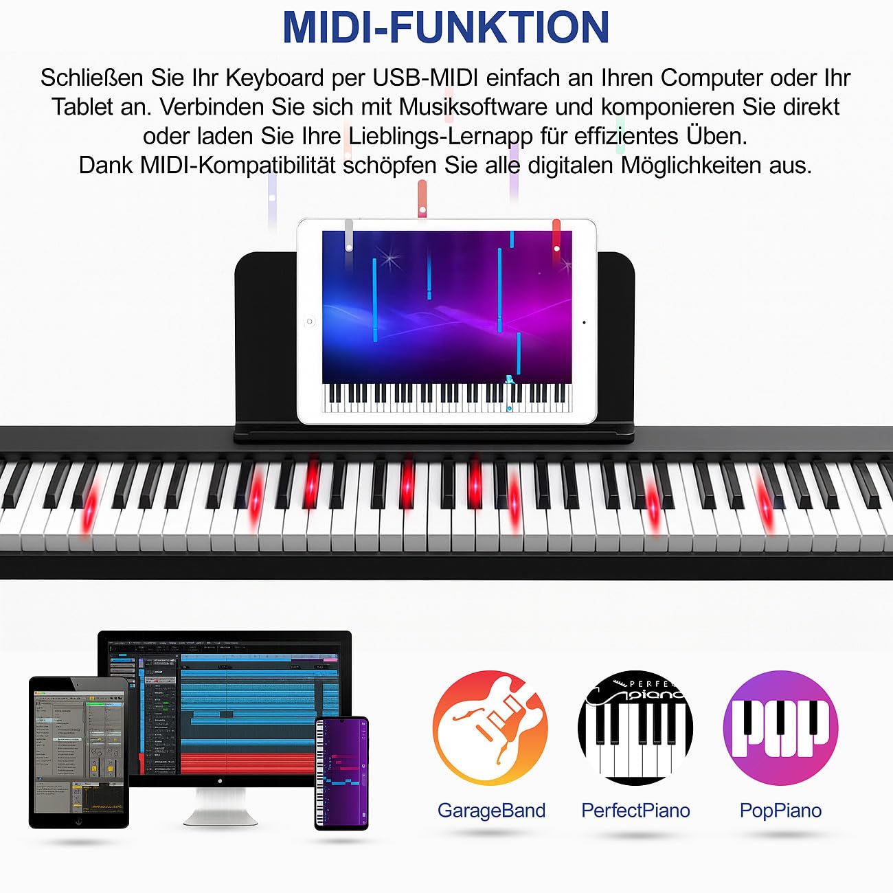 auvisio E Piano: Faltbares Klavier, 88 halbgewichtete Leuchttasten, MIDI, App, Tasche (MIDI Keyboard 88, Keyboard-Pianos, Party)