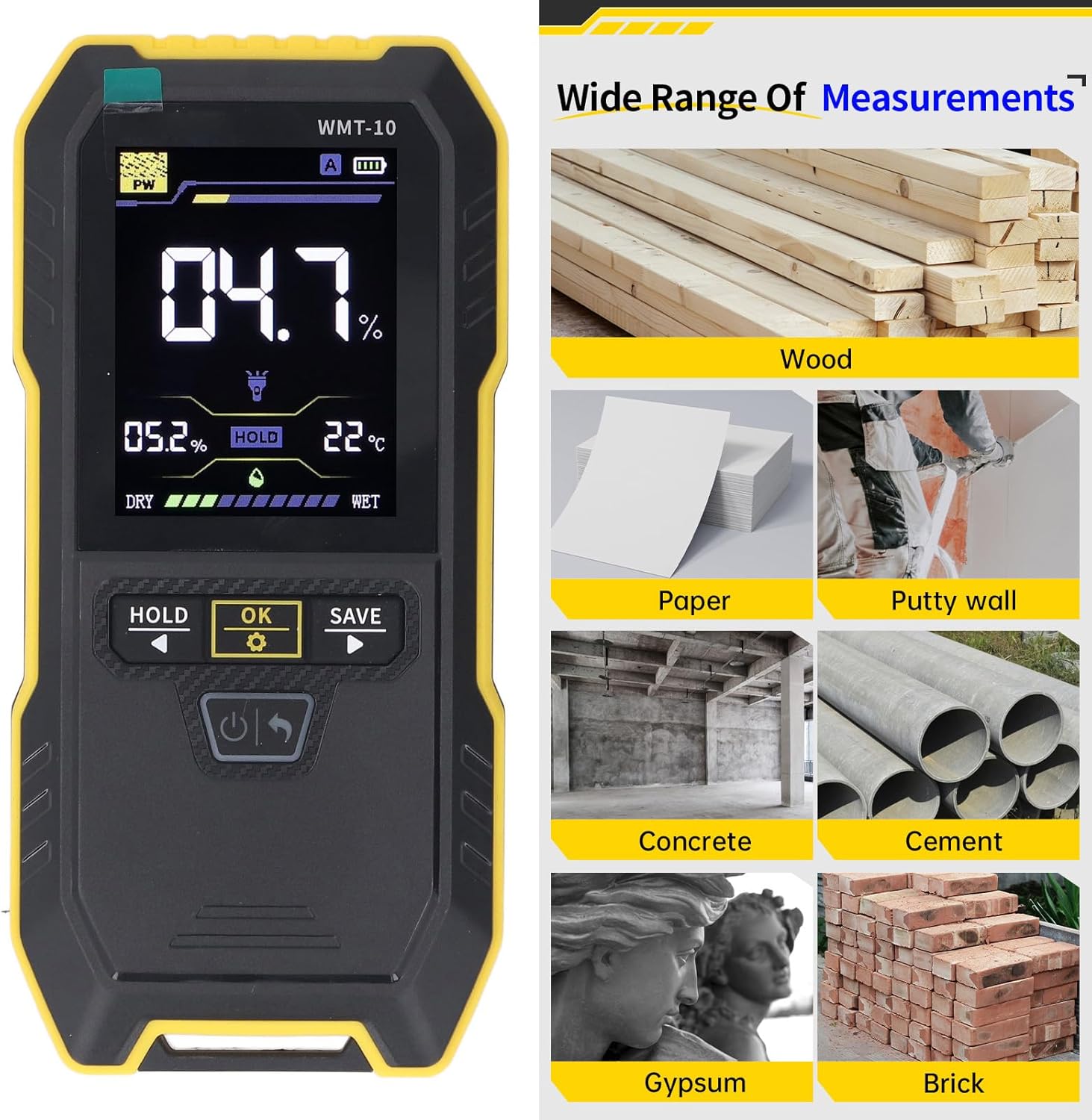 Wood Humidity Meter, 2.4 Inch Color Screen Non Destructive Water Content Tester, Advanced Reminder System Tester with Data Storage, Ideal for Wall, Softwood, Hardwood, Gypsum &