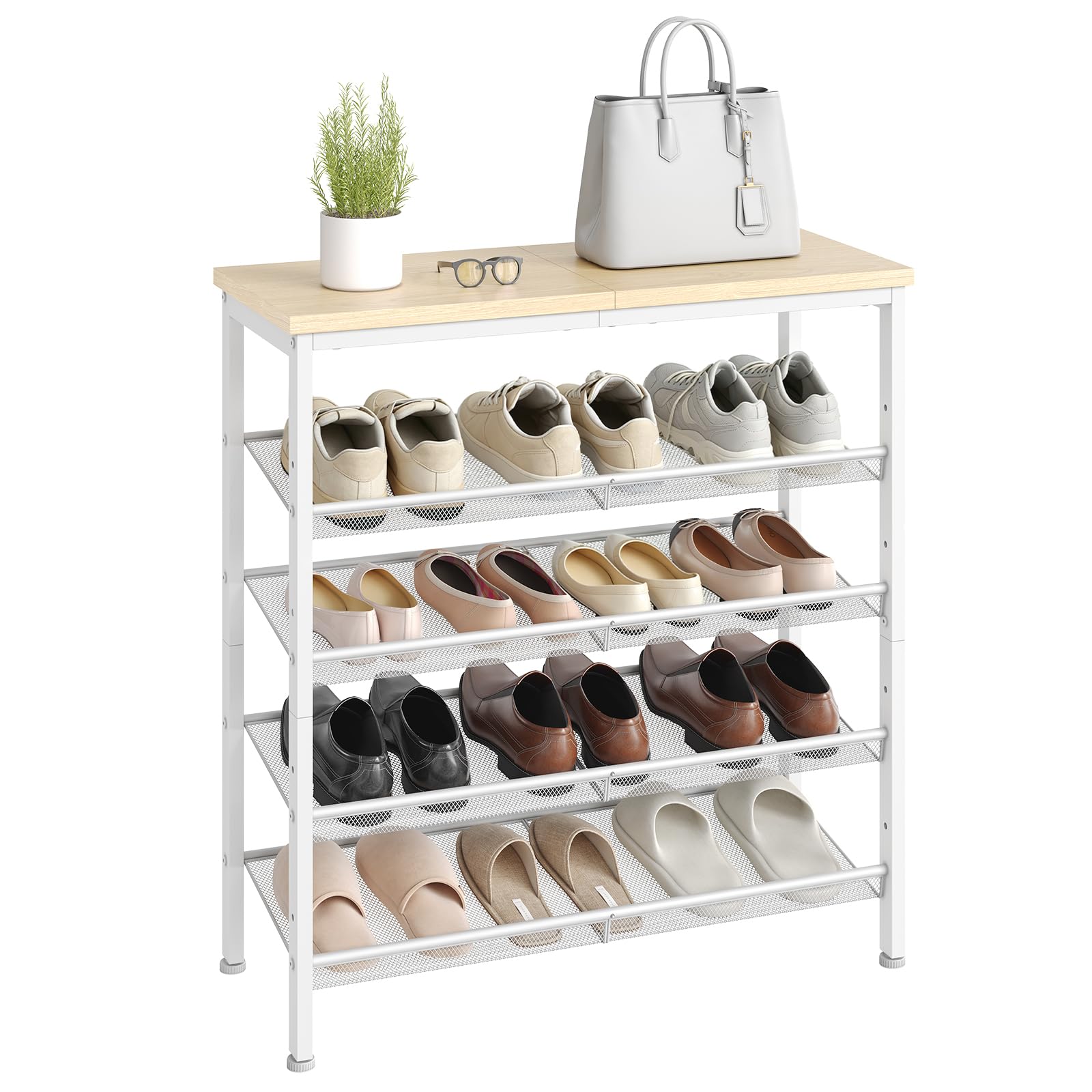 HOOBRO Stojak na buty, 5-poziomowy regał na buty, regał do przechowywania z regulowanymi półkami, na 16-20 par butów, stabilny, metalowy, do wejścia, biały i naturalny kolor drewna EWN12XJ01