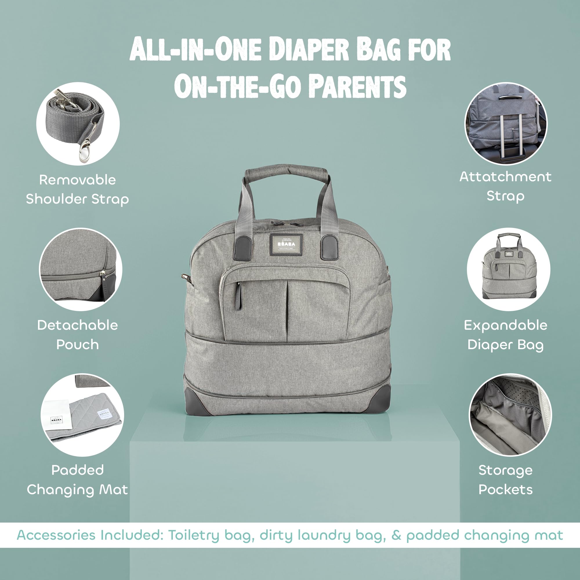 BÉABA, Sac à Langer Amsterdam II, Sac Voyage XXL 50L, Bandoulières Amovibles, Trousse de Toilettes, Matelas à Langer, Sac à Linge Sale, Multiples rangements, Gris Chiné