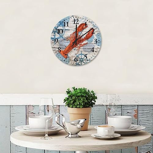 Miniatura 2 de Reloj de madera de langosta de 12 pulgadas, silencioso, sin tictac, conchas y estrellas de mar, decoración de playa, reloj de pared de madera